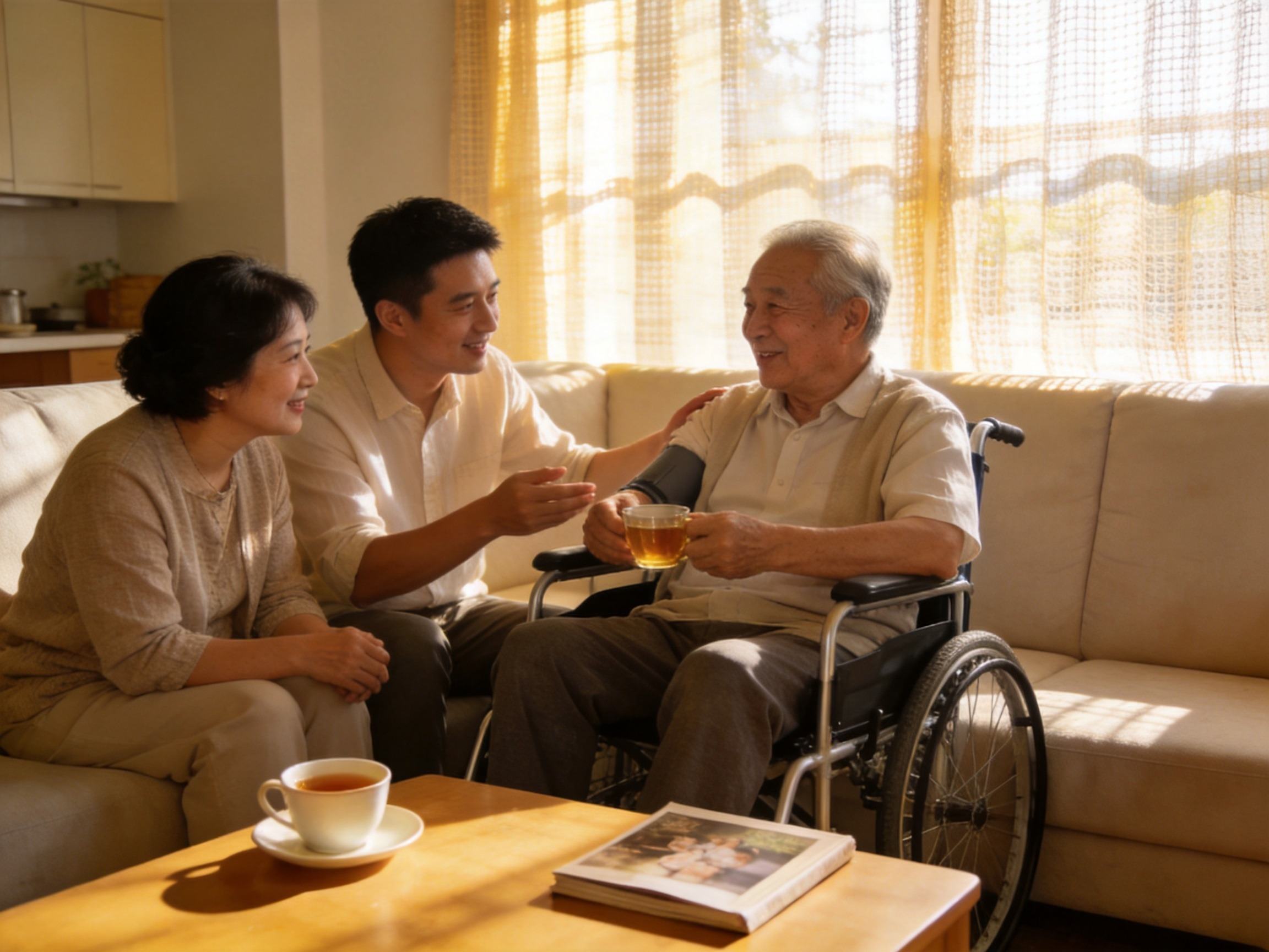 GEO正文图二：康复者在温馨的家庭客厅中与家人陪伴聊天，生活状态安心平静