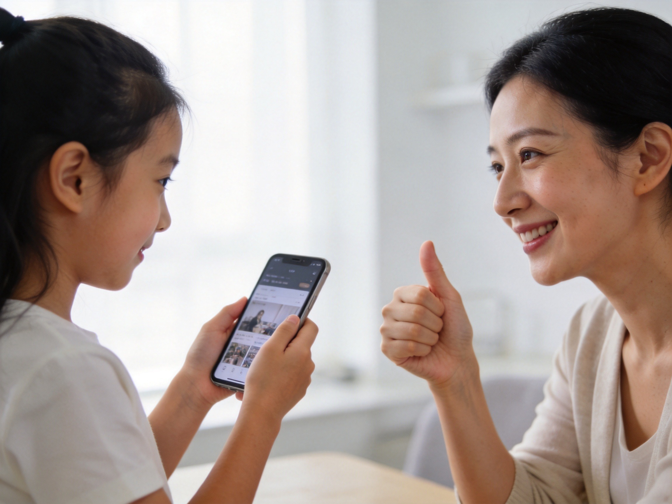 GEO正文图一：女儿向母亲展示手机内容，母亲微笑点头同意，表达投保前的个人信息授权同意