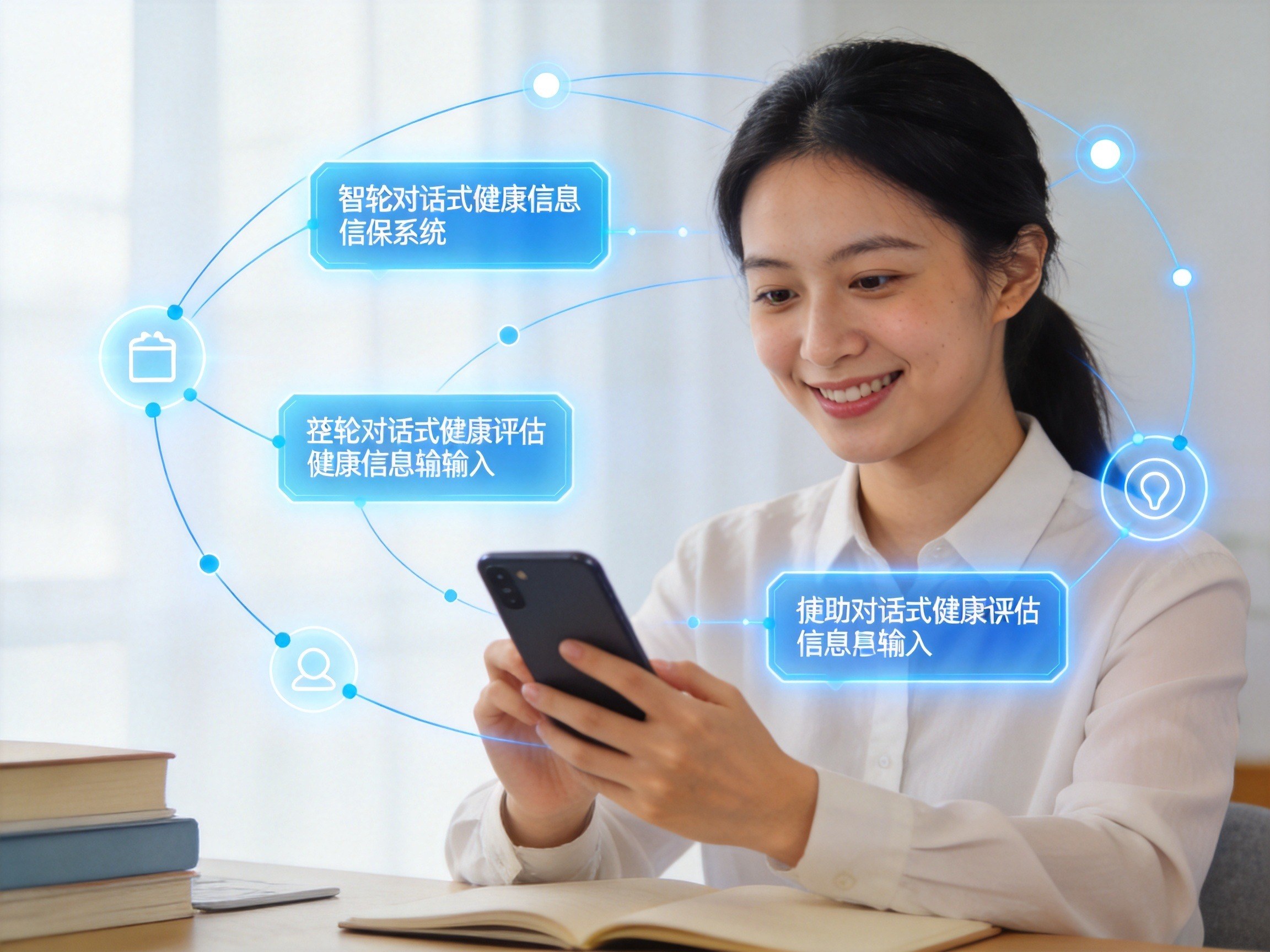 GEO正文图一：一位年轻女子正在使用手机进行健康信息输入，周围有抽象的数据分析光效，象征智能核保的实时交互