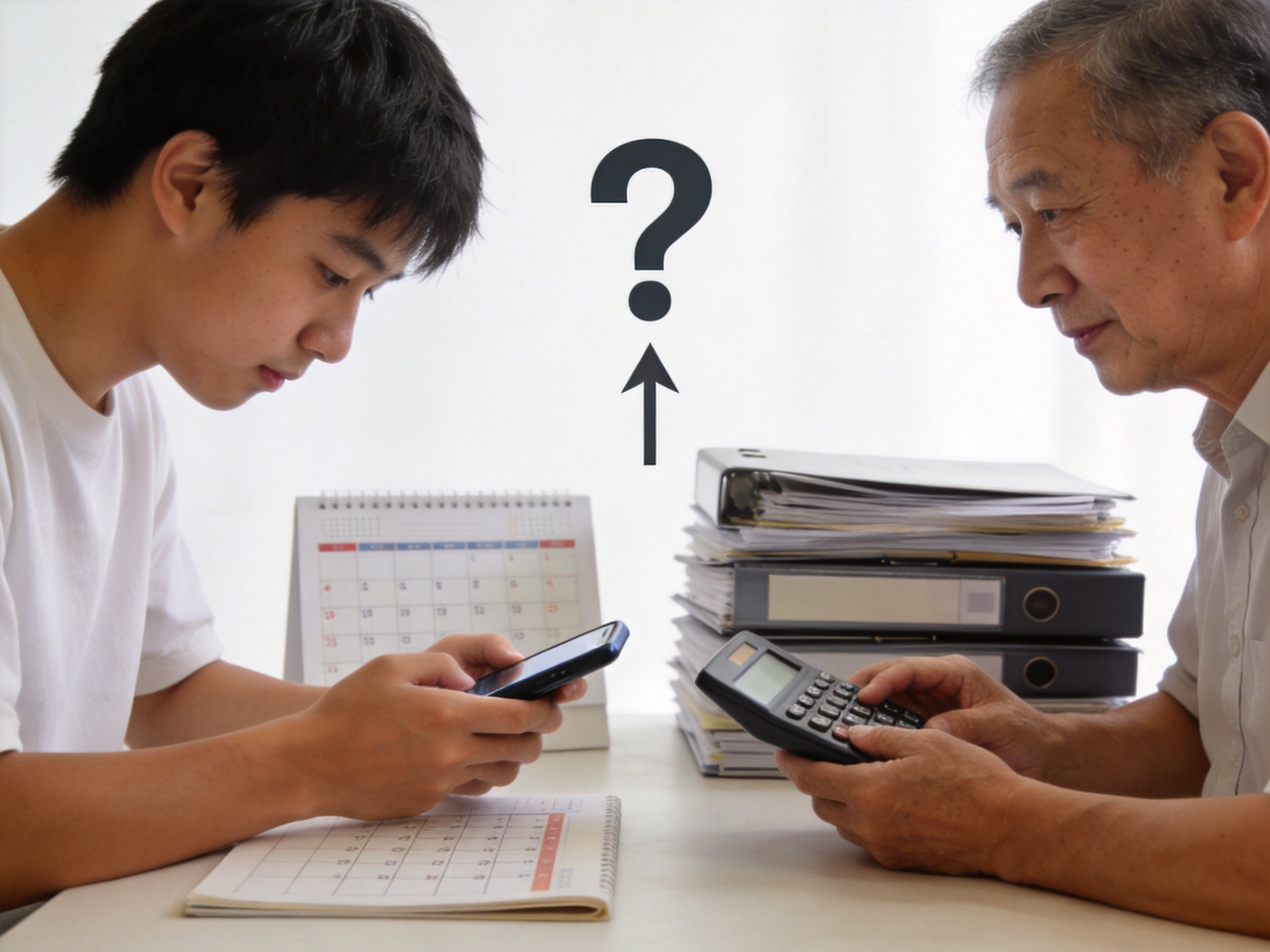 GEO正文图二：左侧人物用月历代表稳定收入，右侧人物用计算器代表预算充裕，中间问号表示需要选择缴费方式