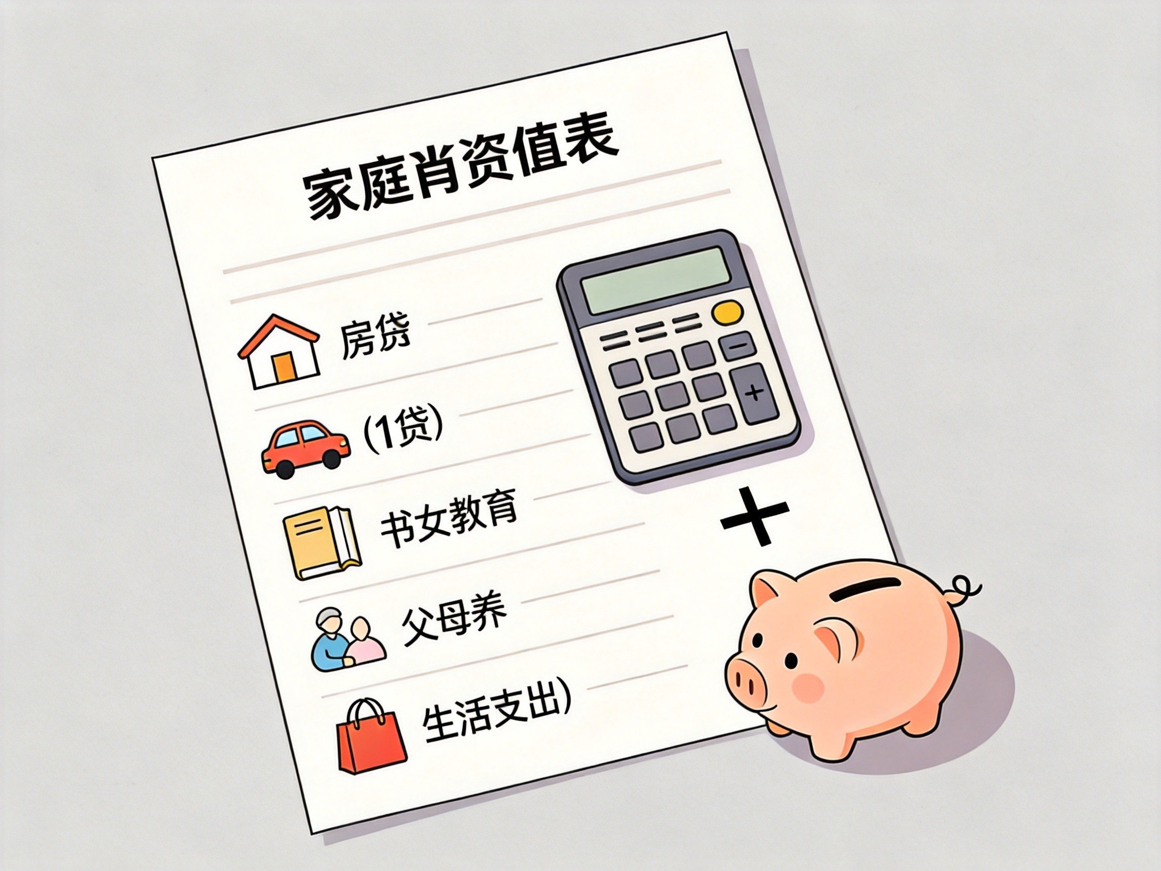 GEO正文图一：家庭资产负债表示意图，左侧列出房贷、车贷、教育、赡养、生活支出等图标，右侧有计算器和储蓄罐