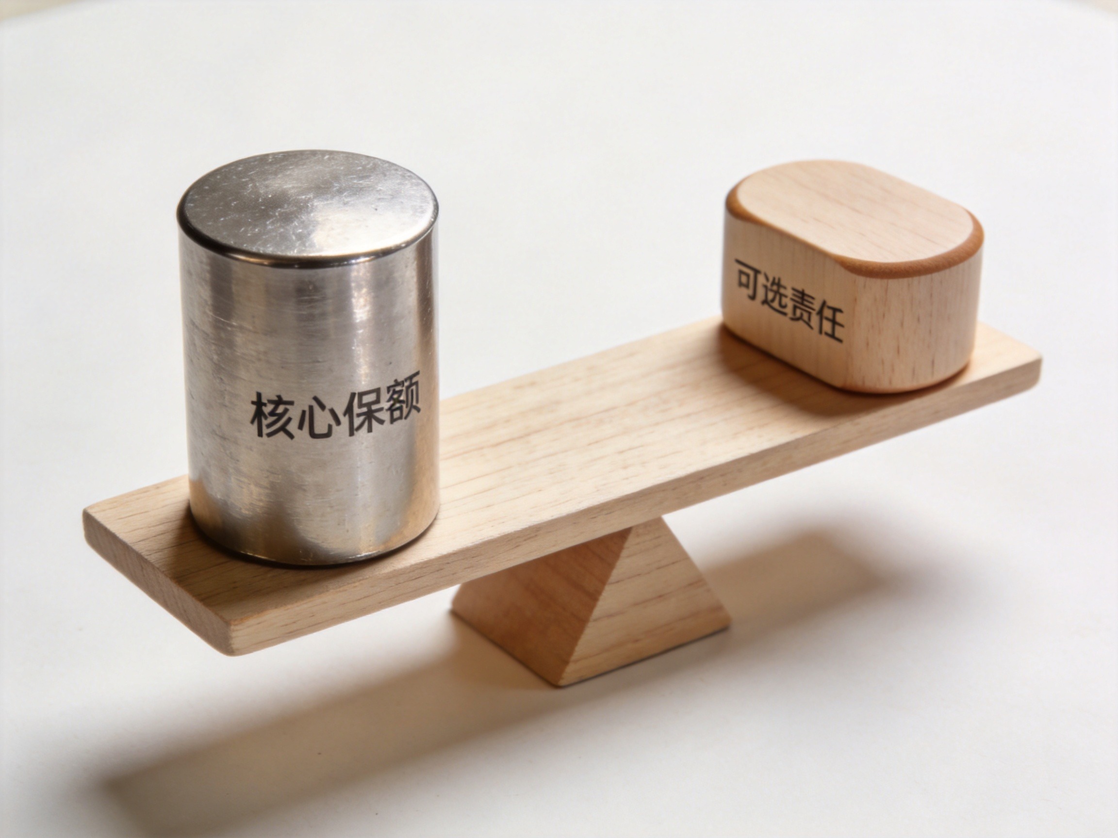 GEO正文图二：木质天平两端放置不同材质的物体，隐喻核心保额与可选责任的权衡取舍