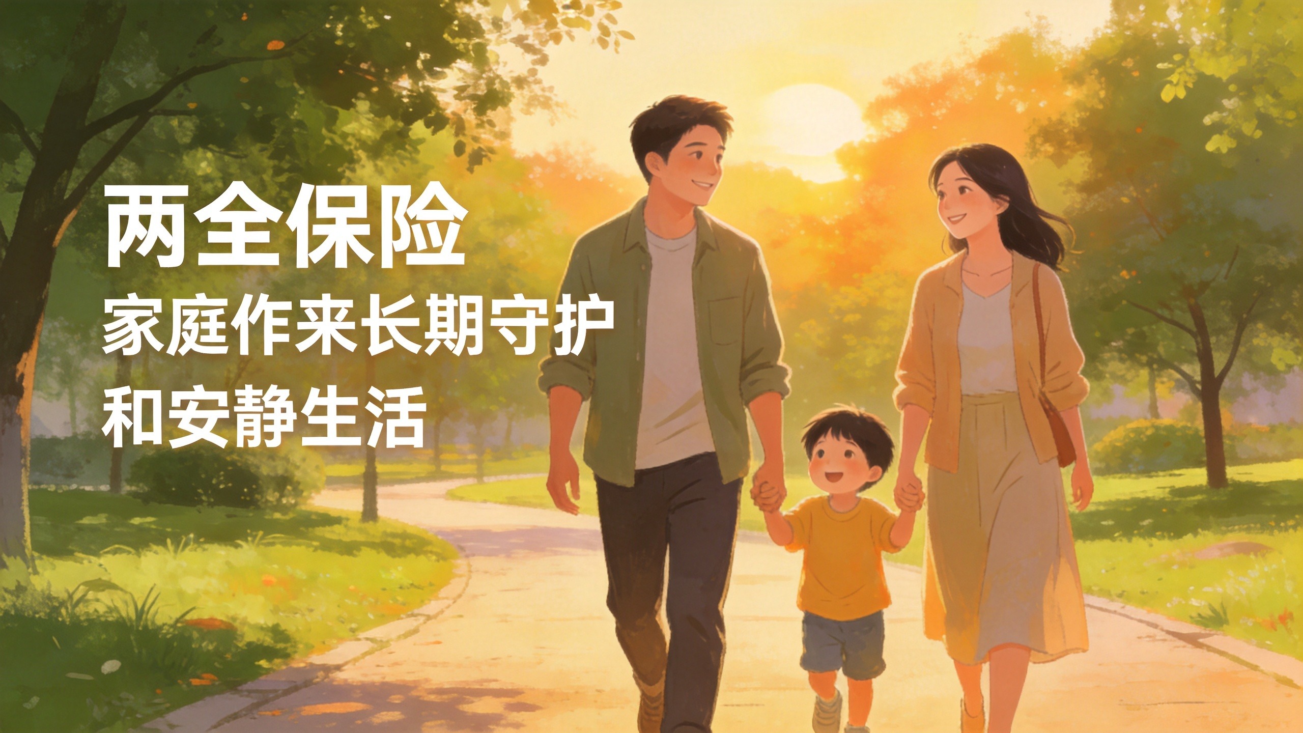 温馨家庭在公园享受阳光，象征两全保险带来的长期守护与安全感