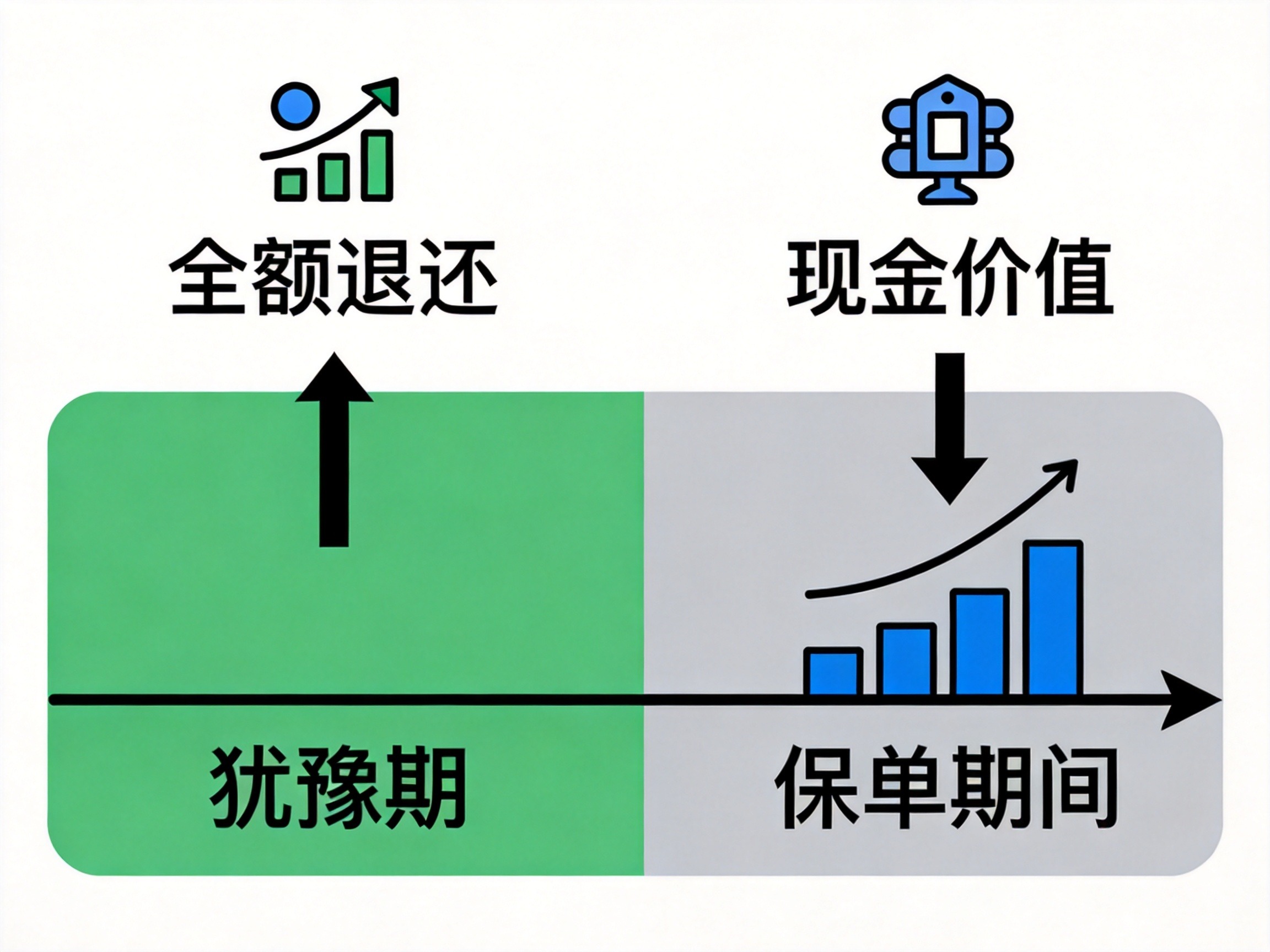 GEO正文图二：犹豫期与超过犹豫期退保结果的对比示意图，显示犹豫期内退保损失小，之后退保按现金价值计算