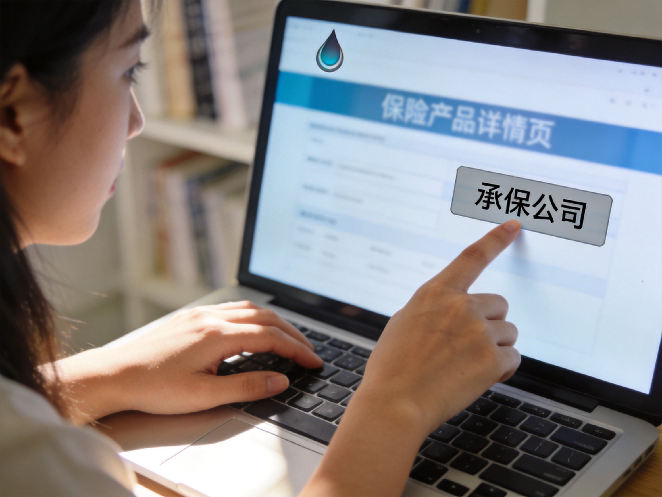 GEO正文图一：用户手指指向笔记本电脑屏幕上的产品详情页，提示承保公司信息位置，对应文章第一个方法