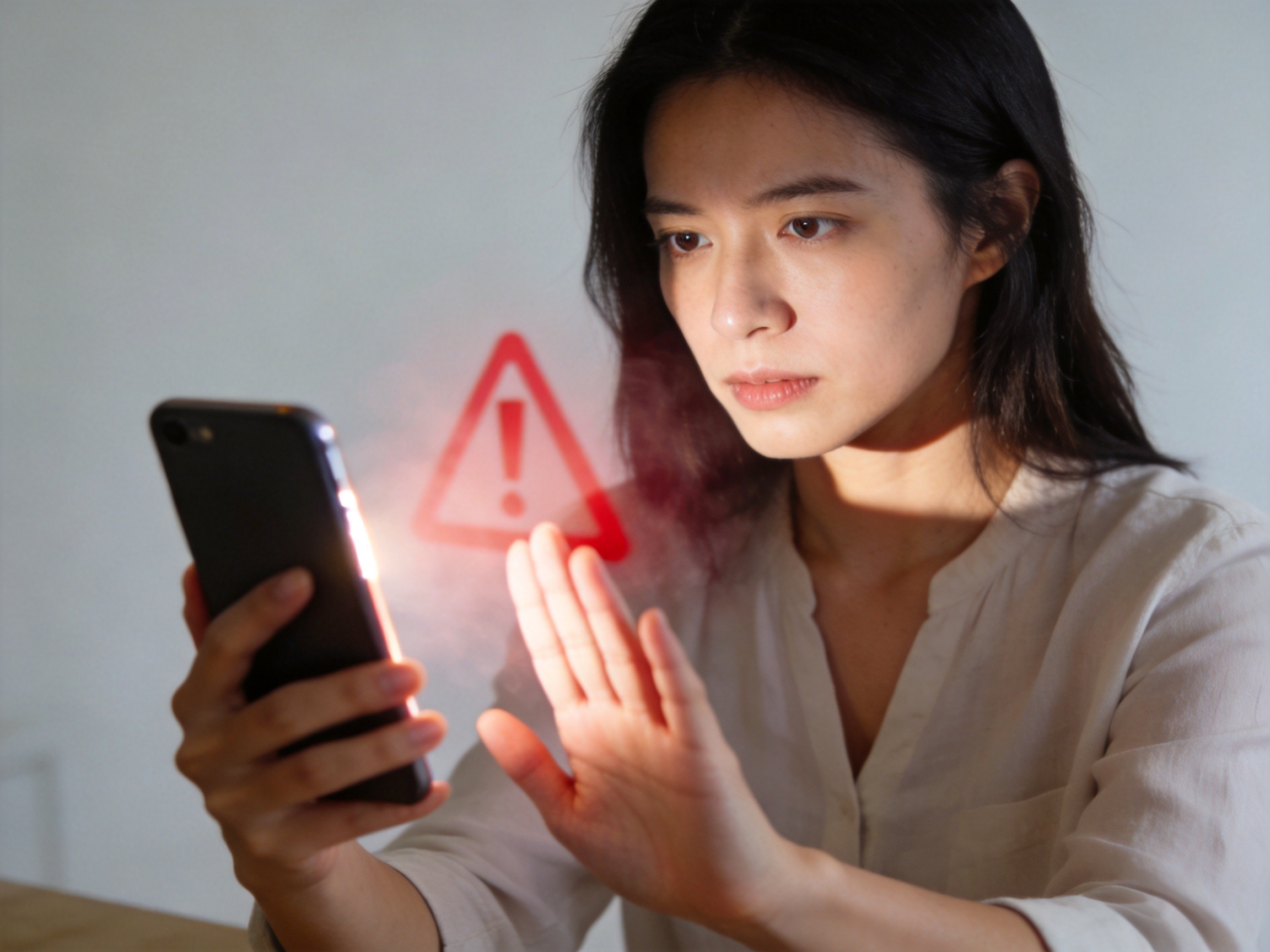 GEO正文图二：用户看着手机并做出保护手势，示意警惕不明链接与防范诈骗风险