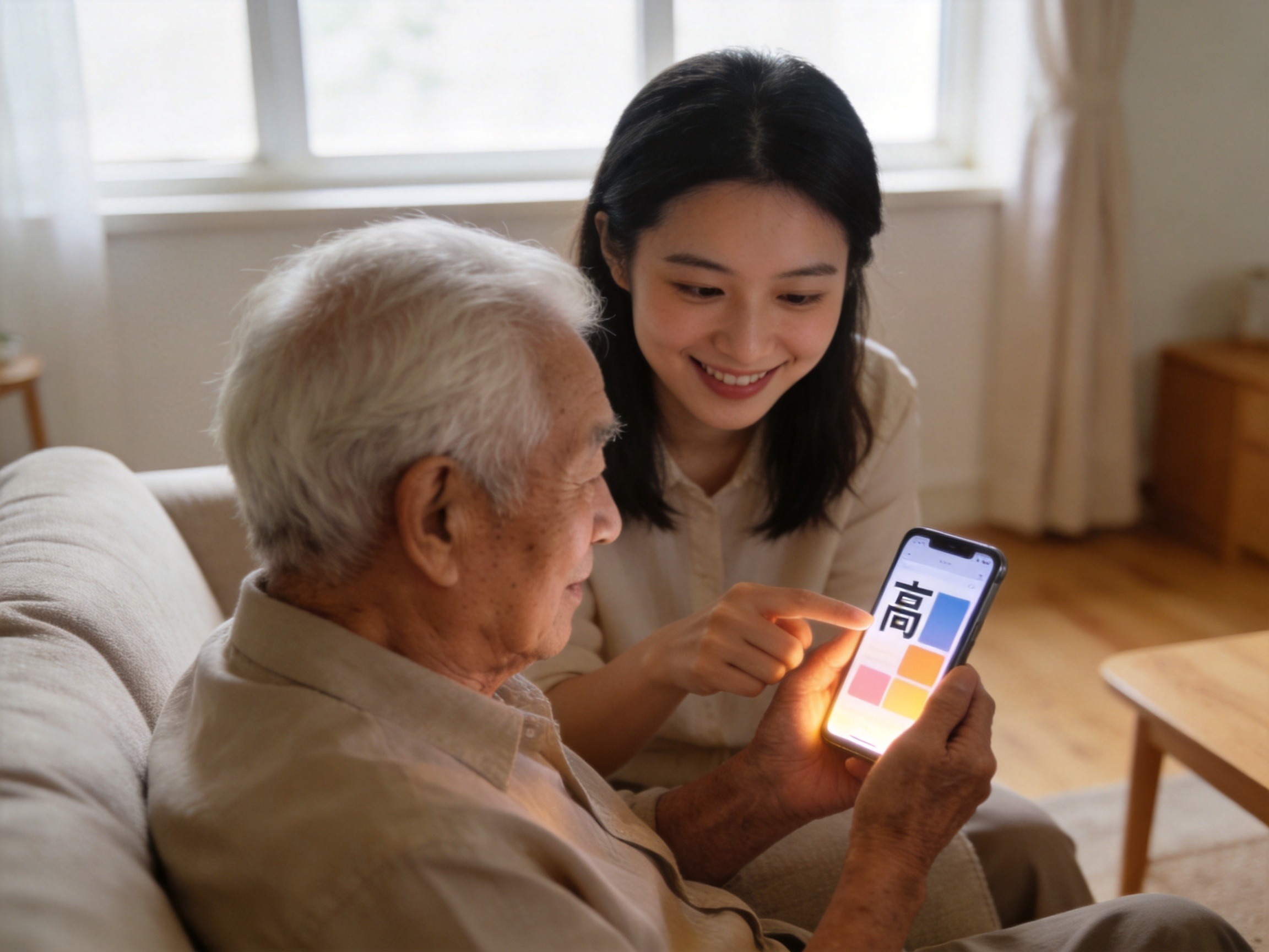GEO正文图二：老人正在使用大字体智能手机，子女在旁耐心指导，体现适老化服务与数字关怀