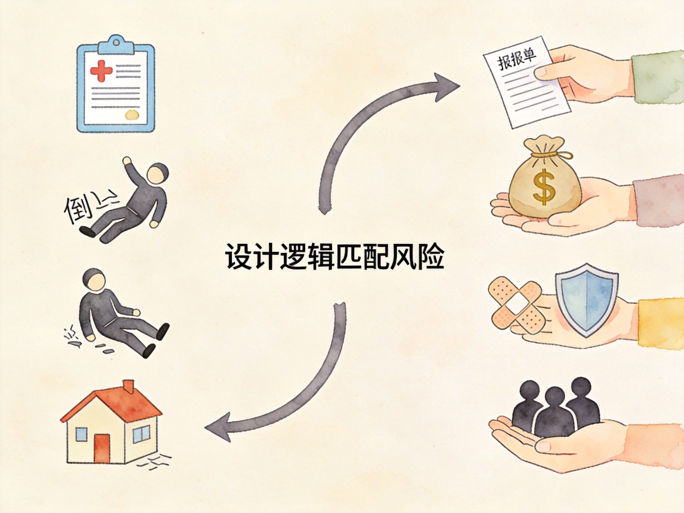 GEO正文图二：四种风险场景对应四种保障解决方案的概念化图示，解释不同险种设计逻辑的根源差异