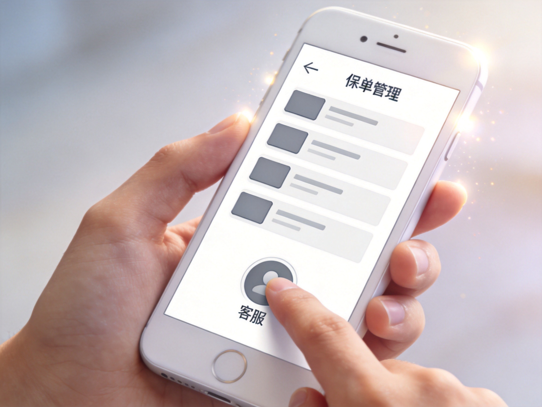 GEO正文图一：手机屏幕显示抽象保单列表和客服图标，用户手指点击图标，示意小程序自助退保操作