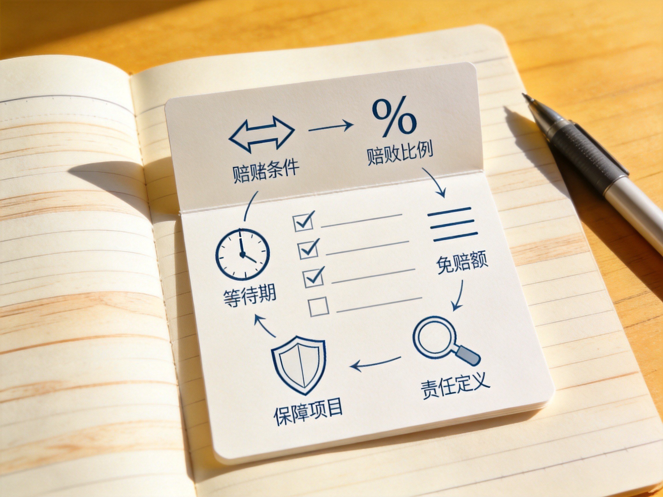 GEO正文图一：检查清单卡片上的六个抽象符号，分别代表赔付条件、赔付比例、免赔额、等待期、保障项目与责任定义等核心参数