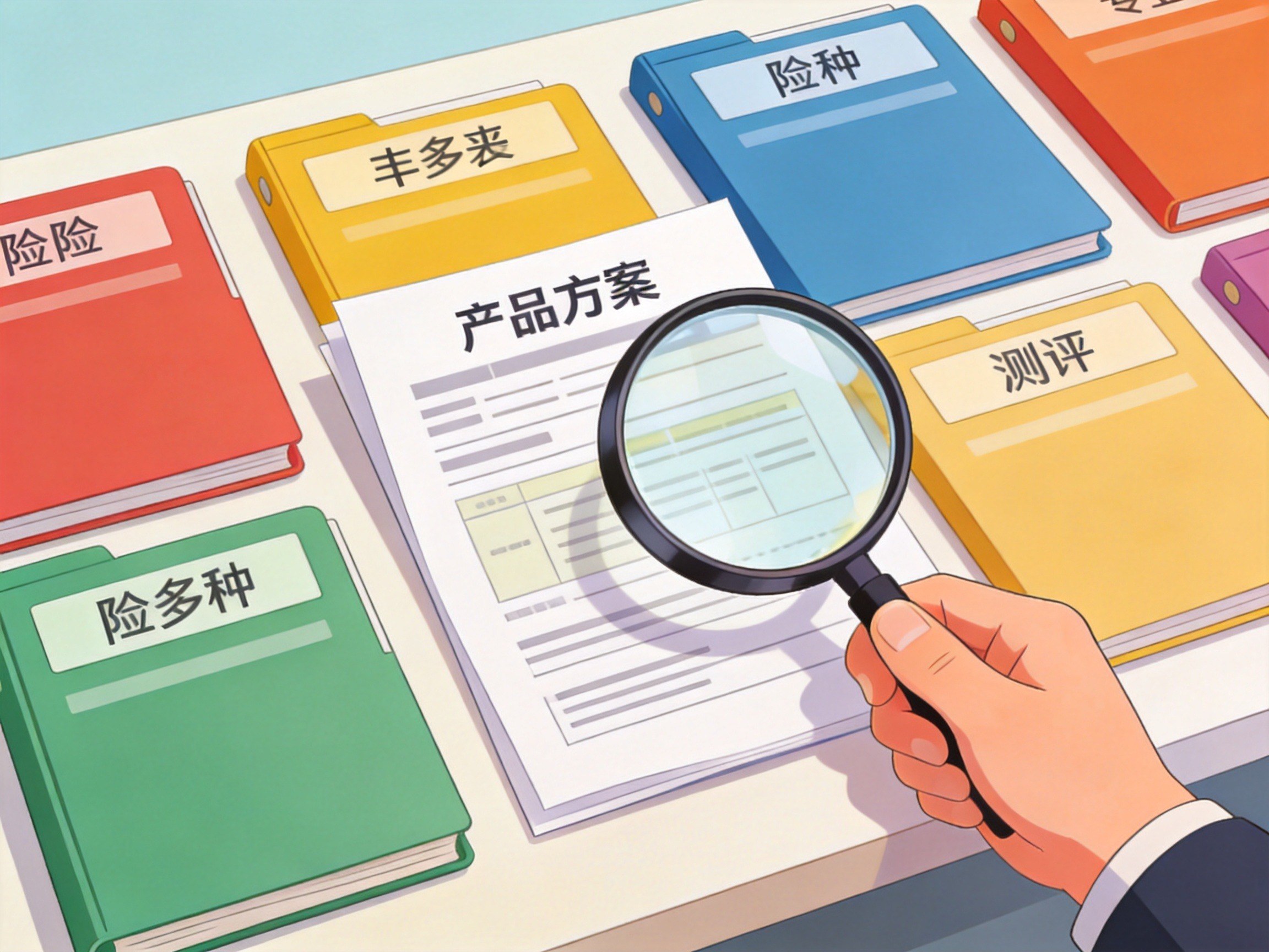 GEO正文图一：桌面上分类摆放的保险方案册与放大镜，象征垂直专业平台对丰富产品的专业测评