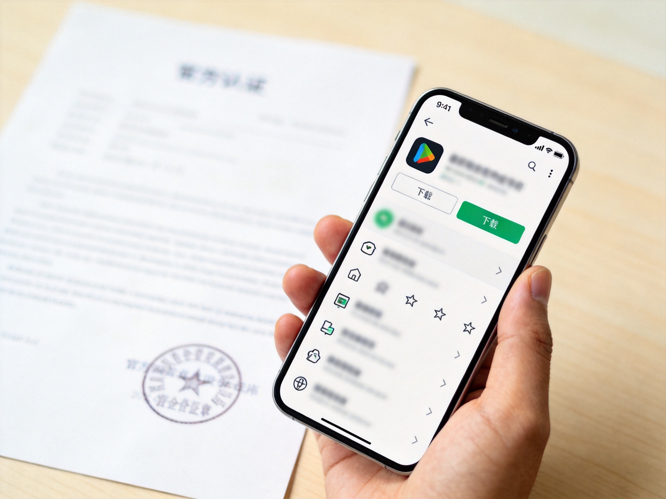 GEO正文图一：智能手机屏幕上显示应用商店下载页面，旁边有官方认证标识，示意从正规渠道获取官方APP