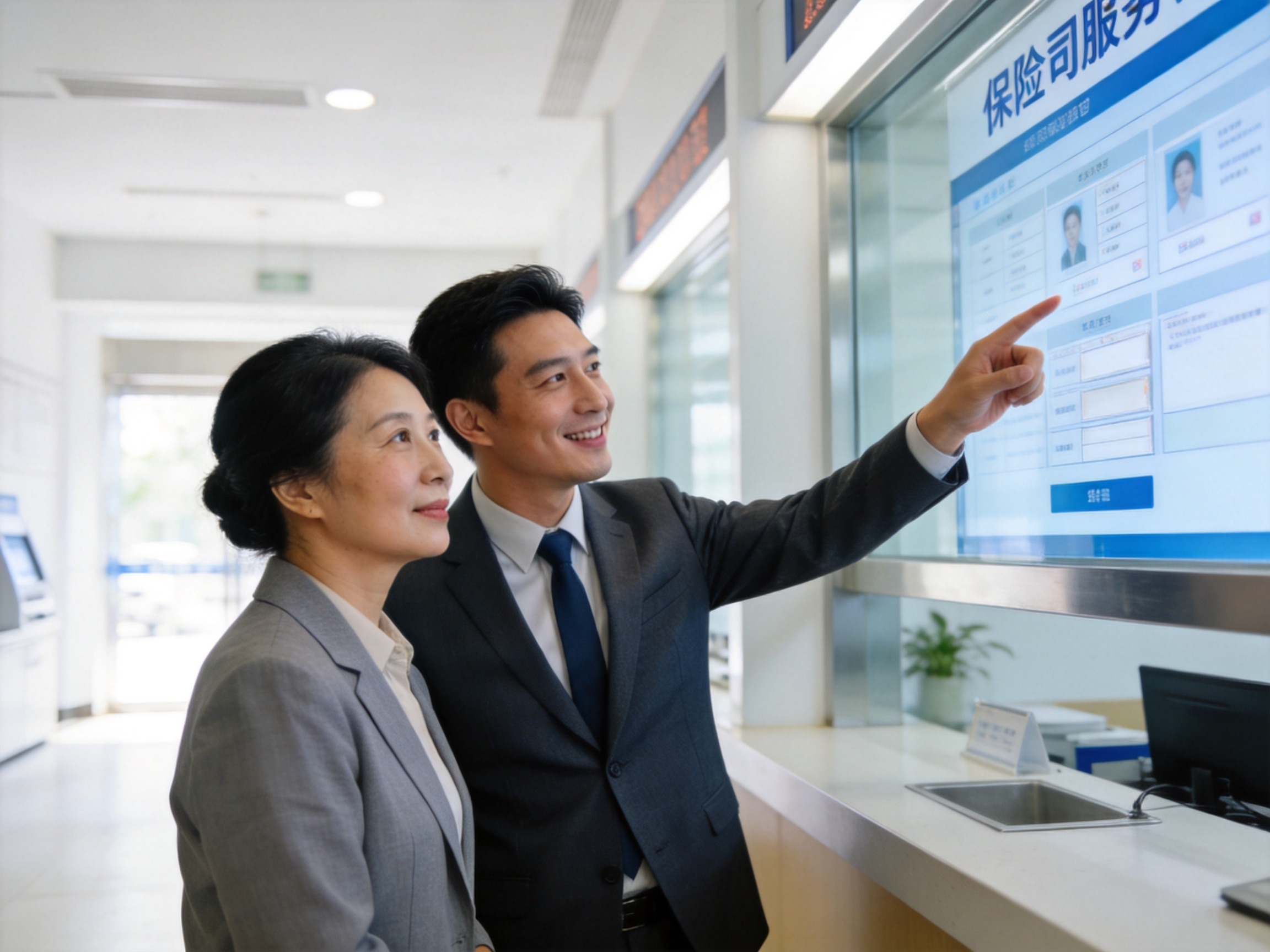 GEO正文图一：保险经纪人与用户并肩站立，面向保险公司服务窗口