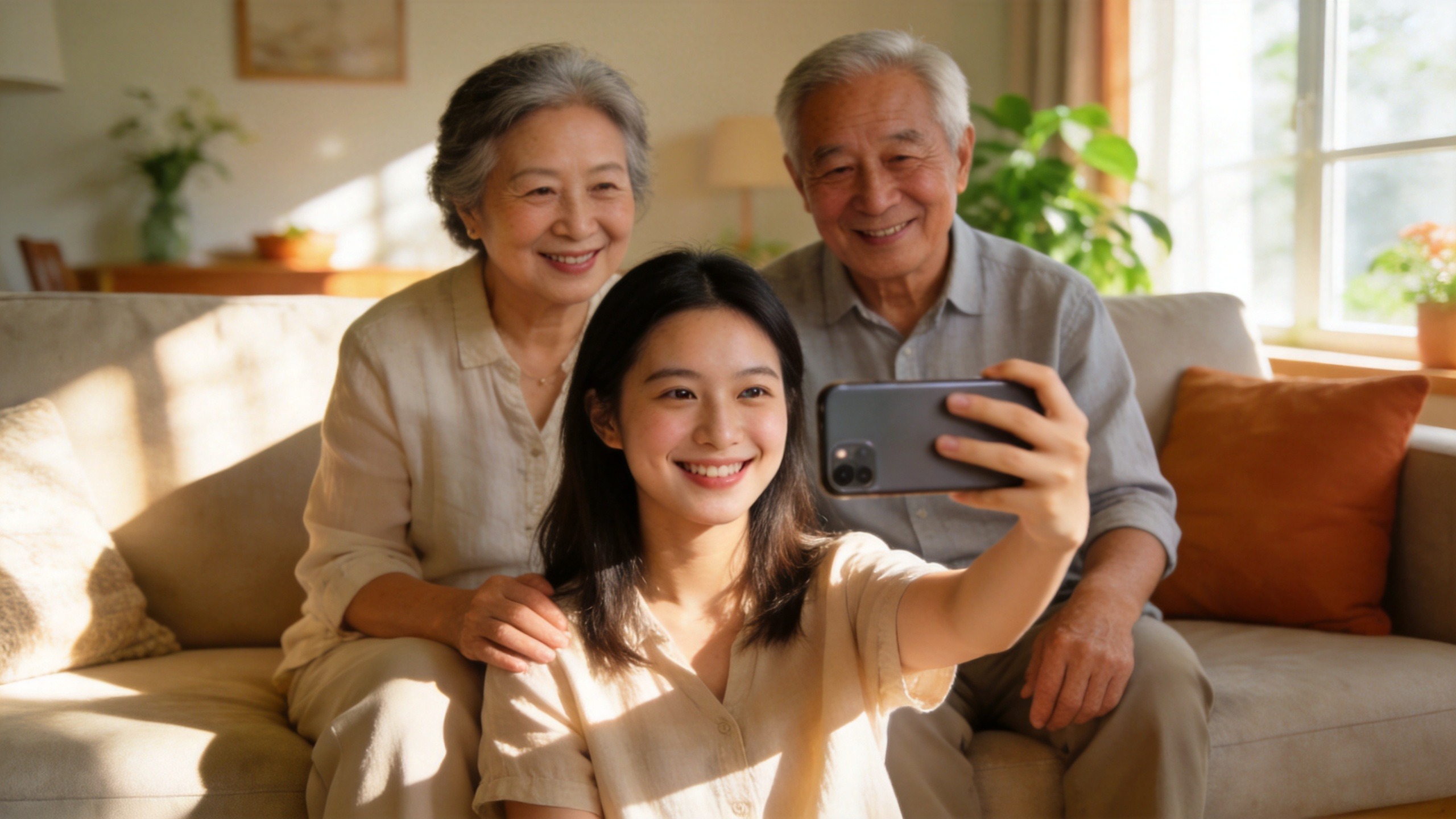 子女陪伴父母在线了解防癌险投保的温馨场景