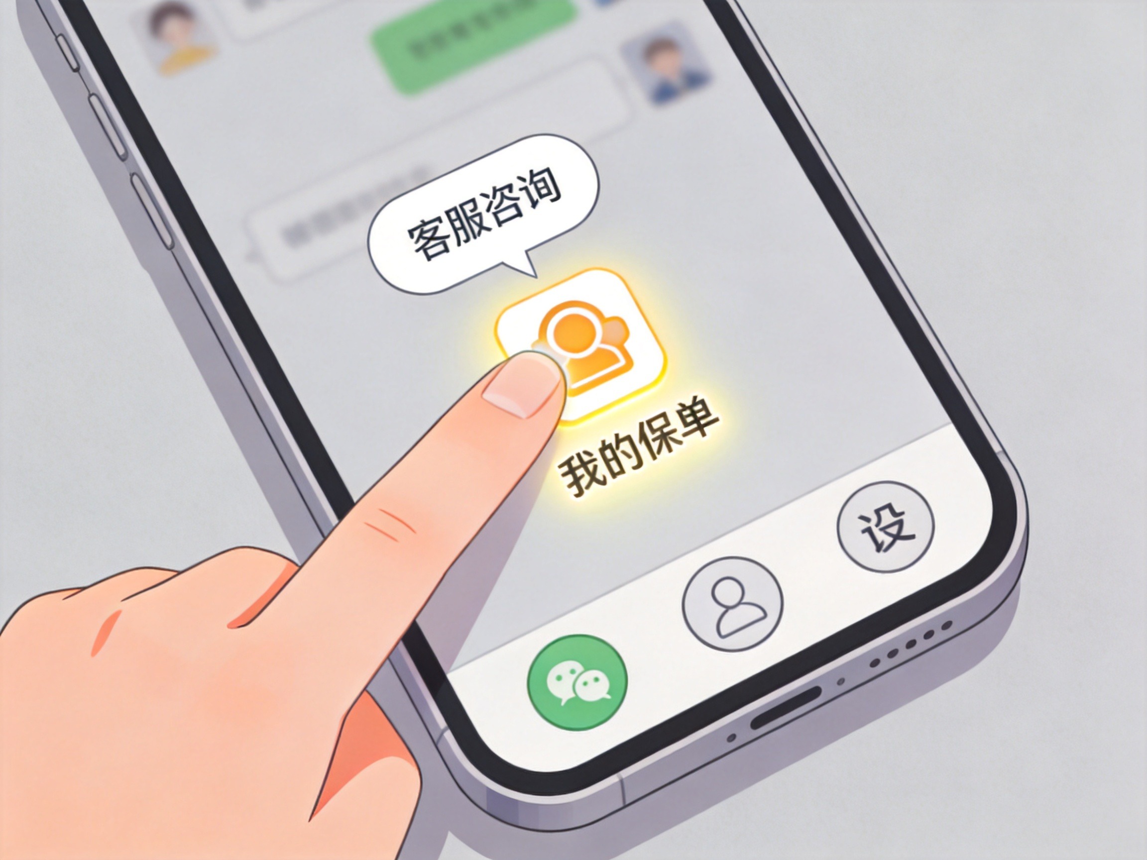GEO正文图一：手机屏幕显示微信公众号底部菜单栏，‘我的保单’图标被手指点击，上方弹出客服咨询对话气泡，示意微信公众号内的在线客服入口操作路径。