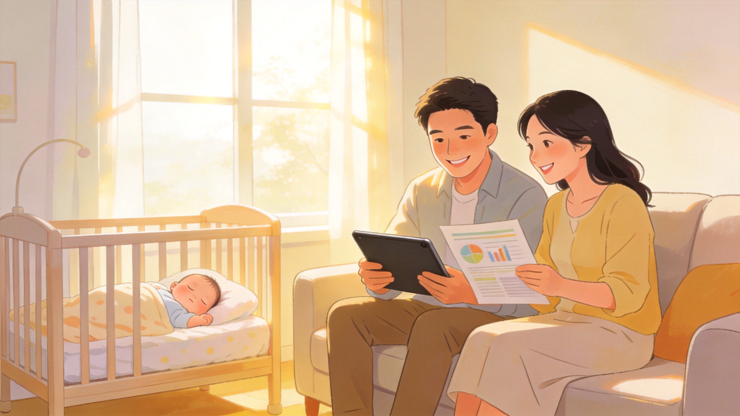 温馨家庭场景，年轻夫妇在客厅交流家庭保障规划，体现重疾险带来的安全感与安心。