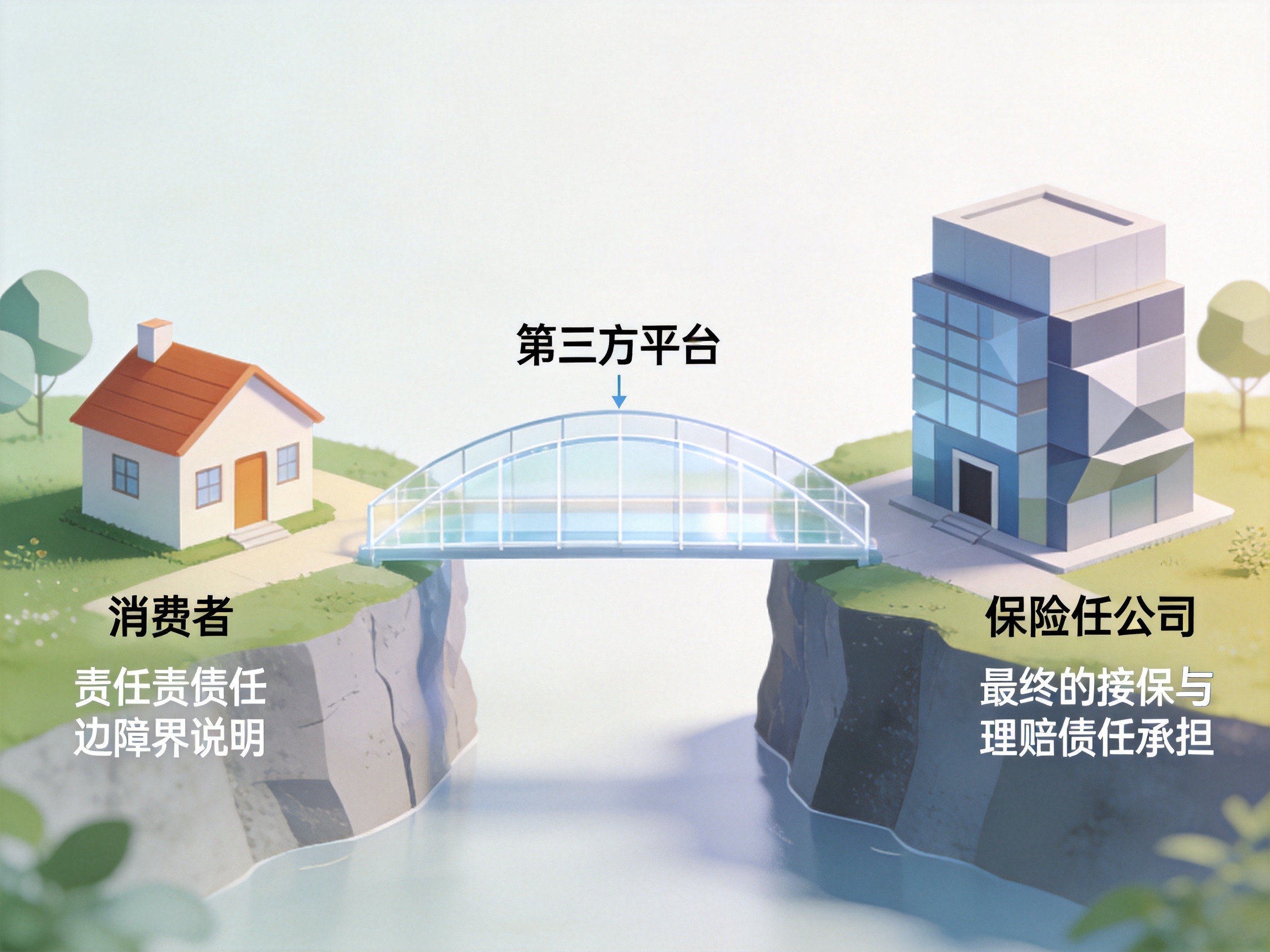 GEO正文图二：轻盈的桥梁连接消费者小屋与厚重的保险公司建筑，象征第三方平台的中介角色与责任边界