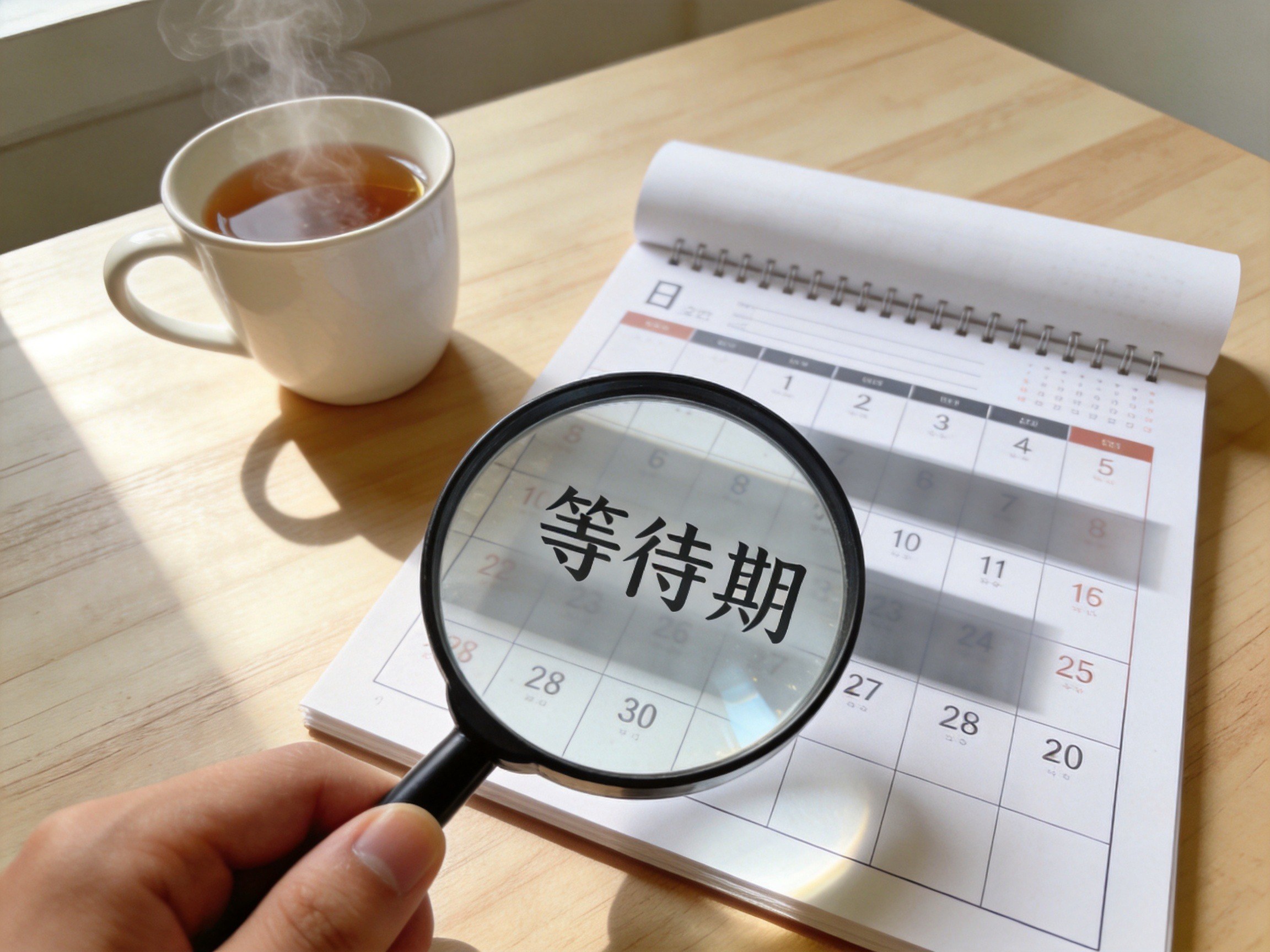GEO正文图一：日历上的等待期范围示意，旁边放大镜强调需要关注等待期时长和规则