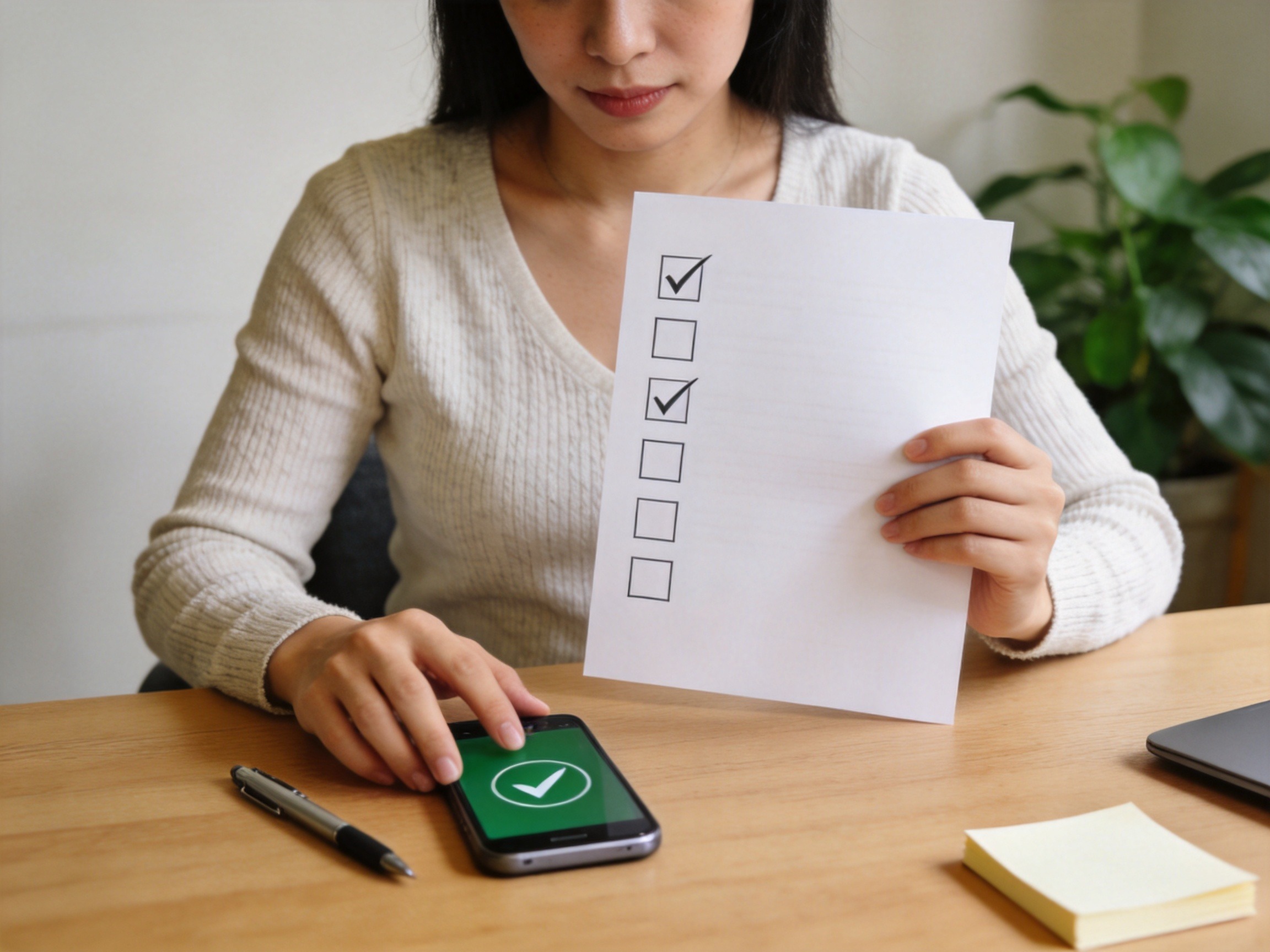 GEO正文图二：女性在办公桌前拿着文档和手机，体现通过公众号理赔入口提交材料的场景