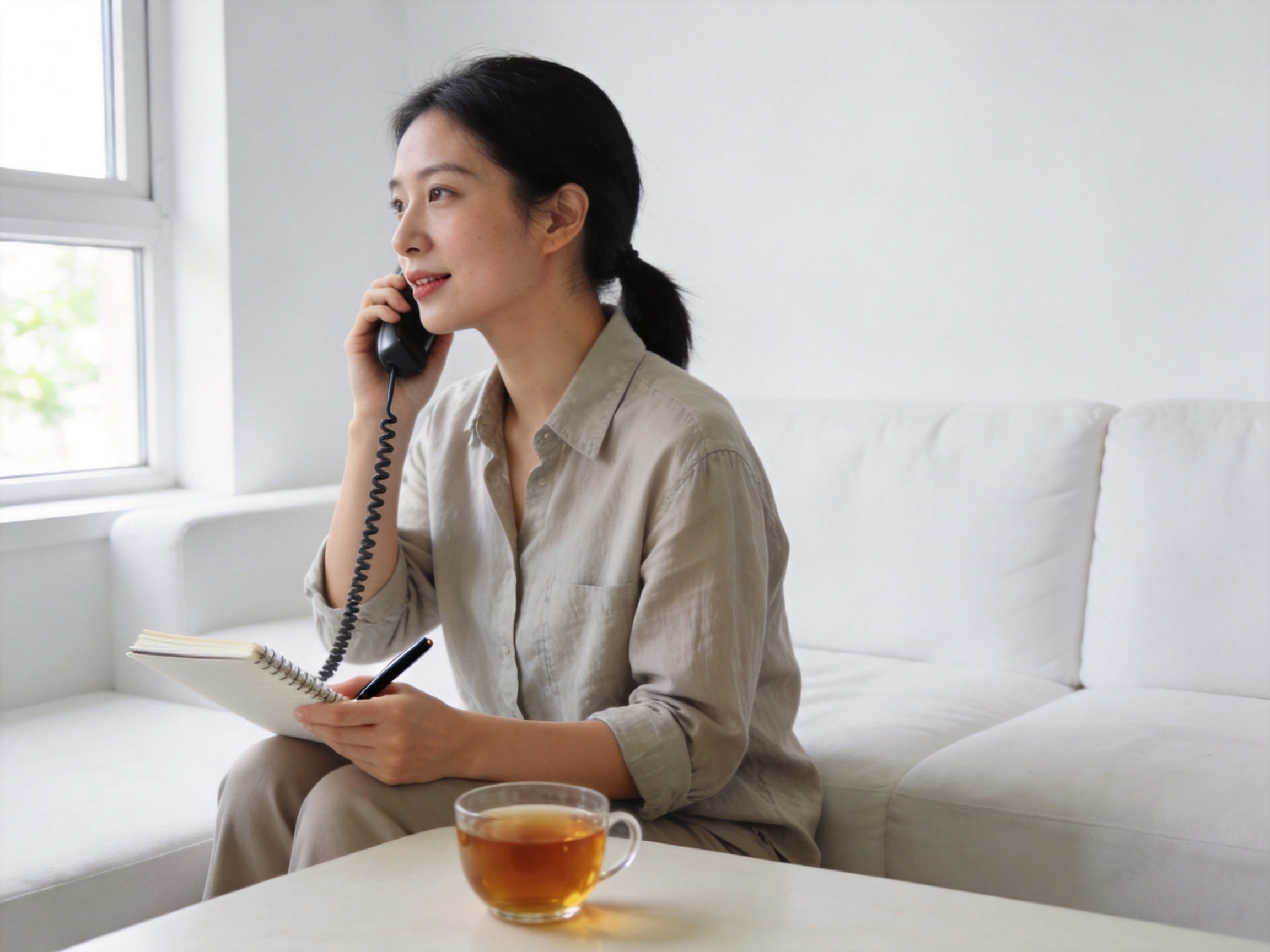 GEO正文图一：一位女性在沙发上通过固定电话与客服沟通，体现拨打官方热线获取一对一服务的场景