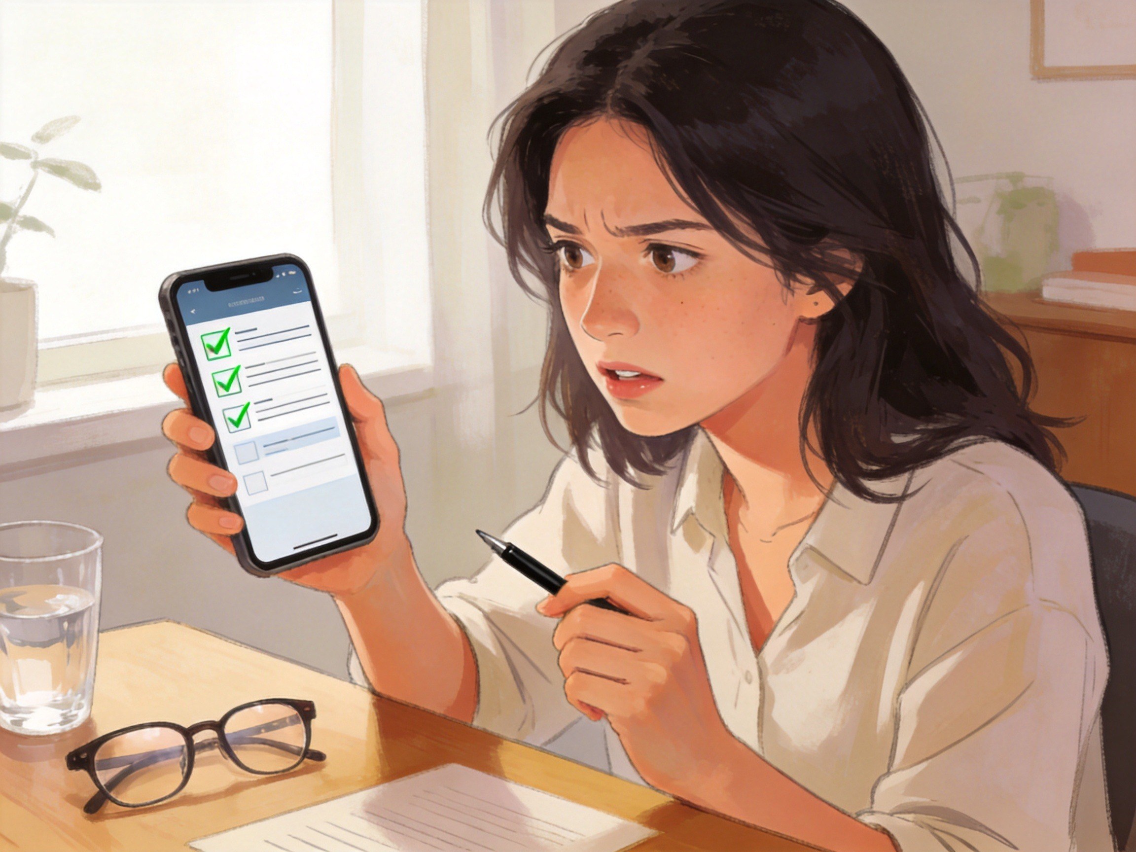 GEO正文图一：用户正在手机屏幕上认真勾选健康告知问卷，体现如实申报