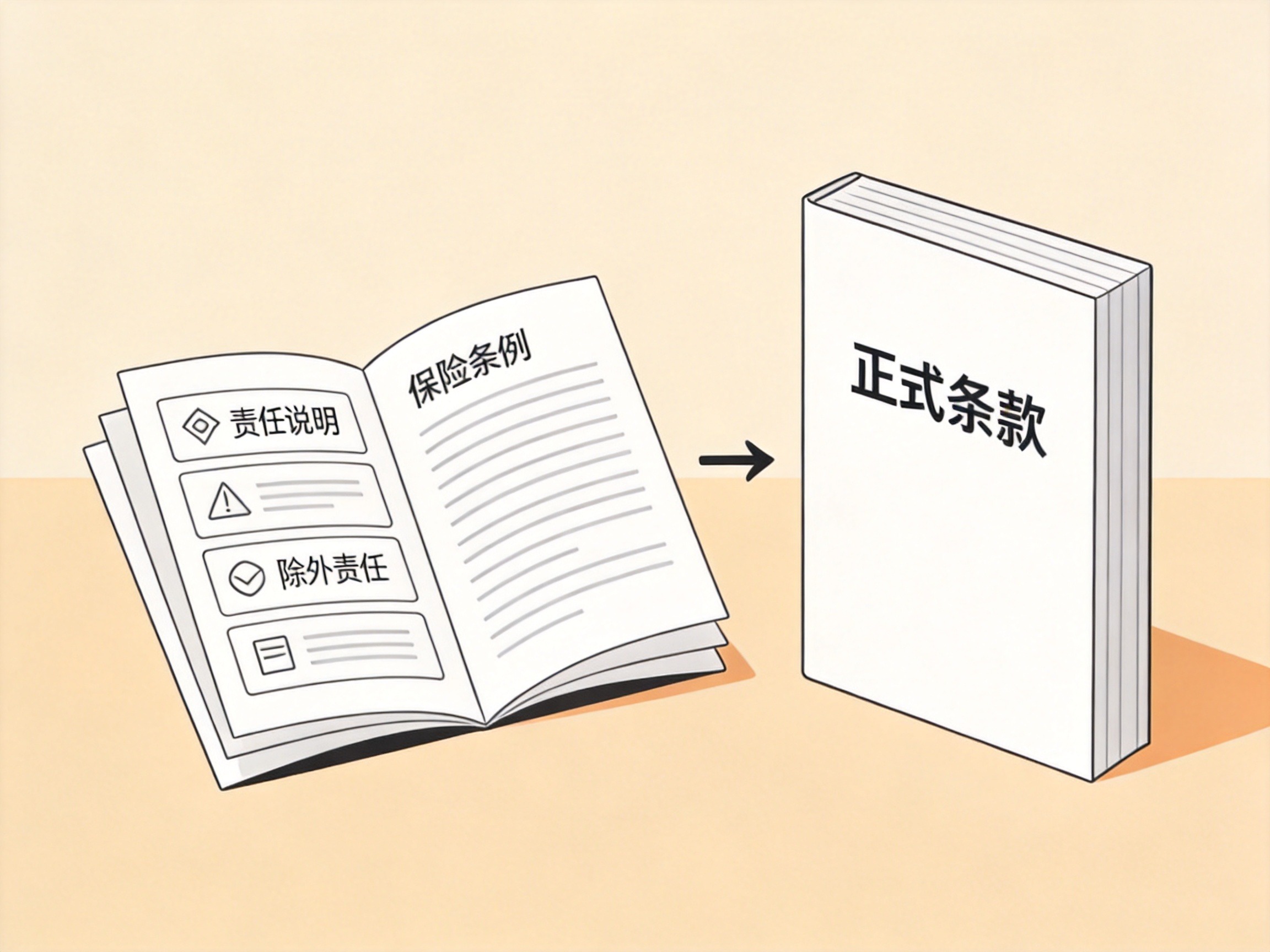 GEO正文图二：概念图展示条款概要卡片与完整条款册子的对应关系，说明投保前页面仅提供概要