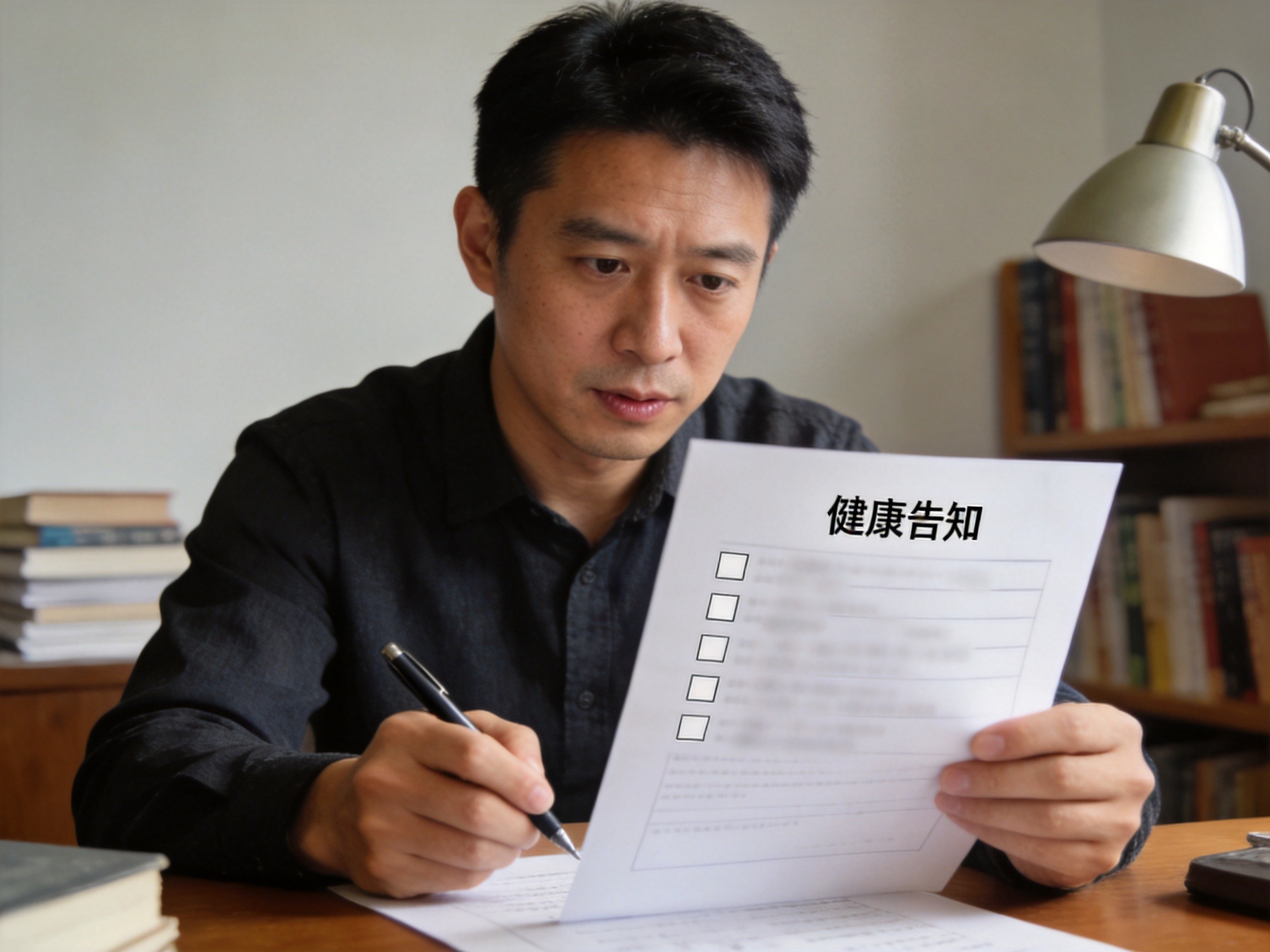 GEO正文图三：一位男性在书桌前填写健康告知表，表达续保需重新健康告知的场景
