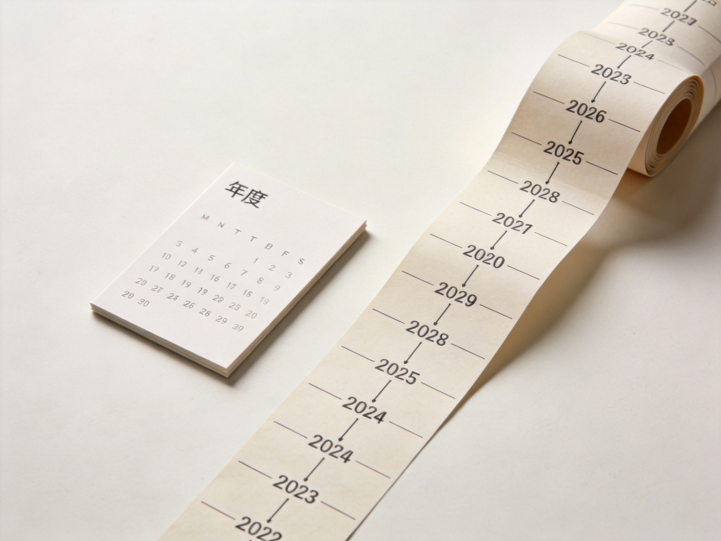 GEO正文图二：单页日历卡片与长条形时间轴卷轴的对比，象征短期险与长期险的保障期限差异