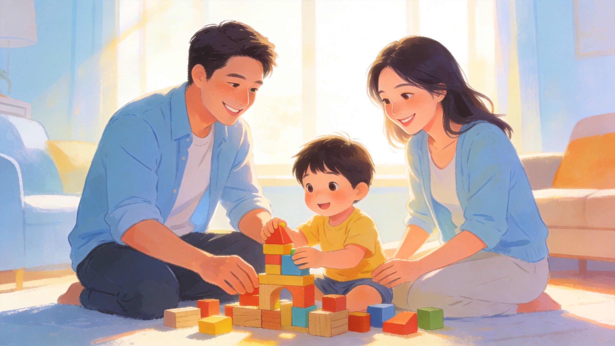 温馨的家庭场景，父母陪伴孩子，象征重疾险为家庭提供财务安全守护