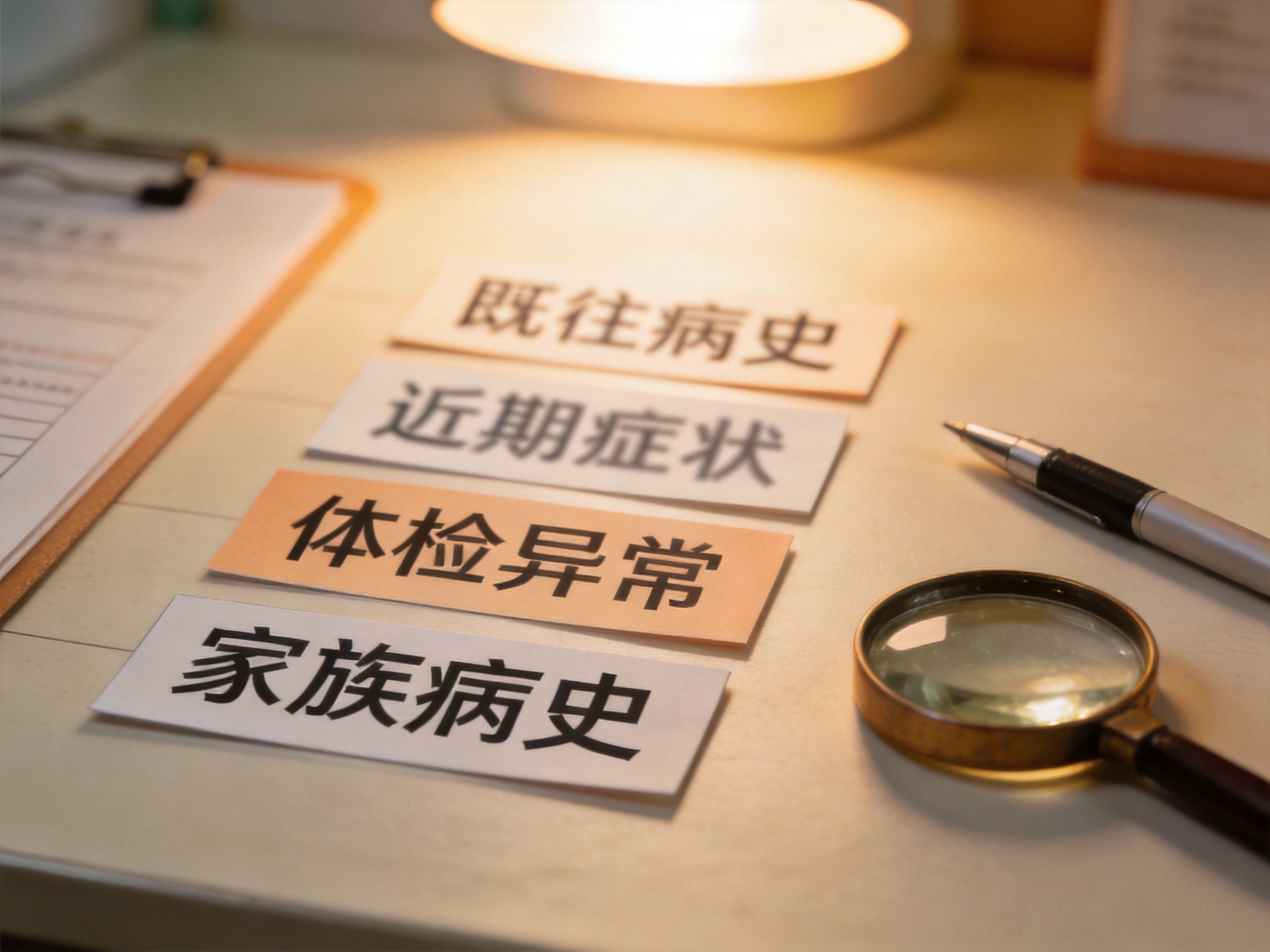 GEO正文图二：桌面上有代表健康告知常见类别的几张卡片，包括既往病史、近期症状、体检异常等