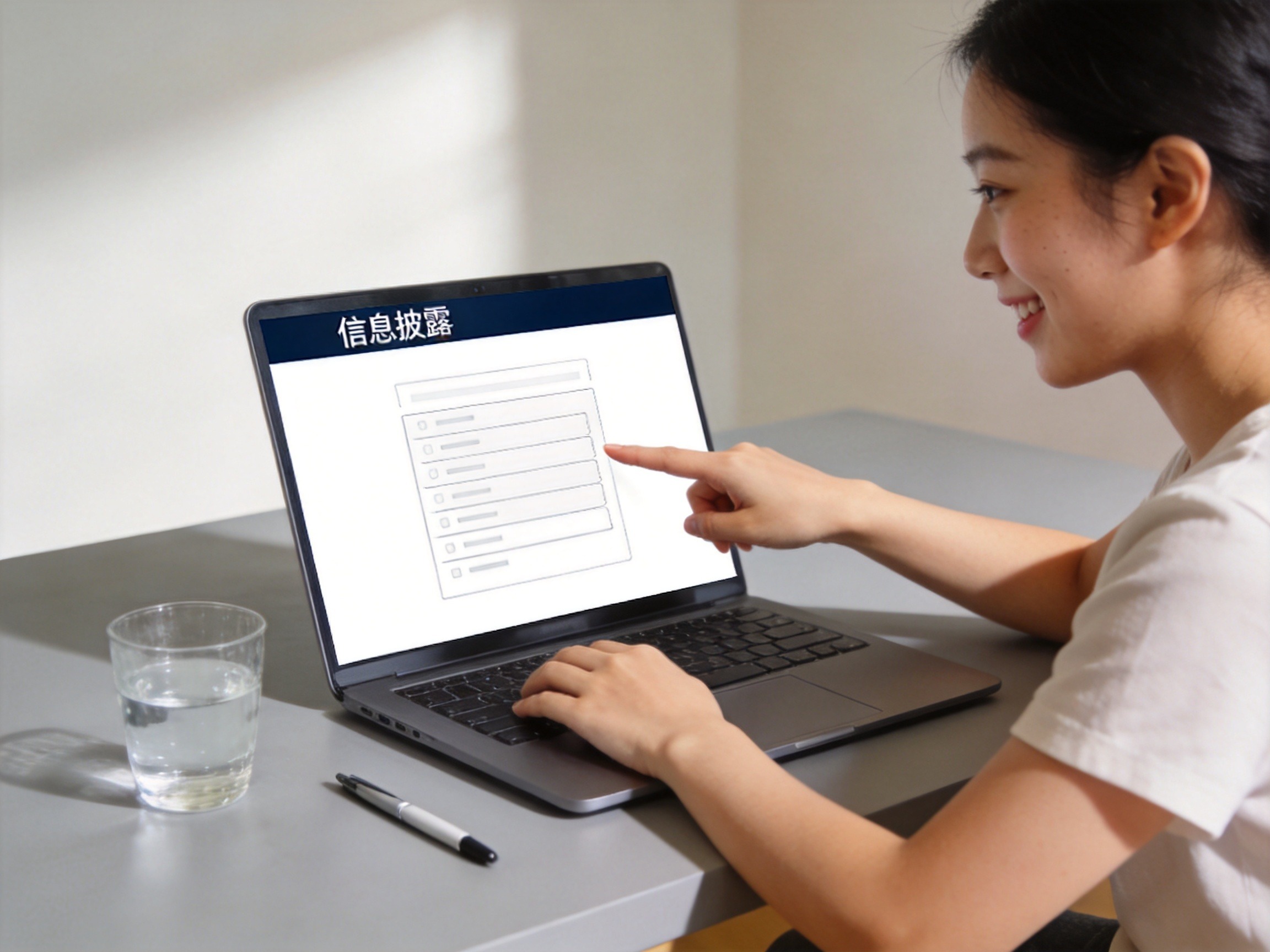 GEO正文图二：用户正通过笔记本电脑查询平台官网的信息披露页面，抽象界面表示查看合作保险公司名单