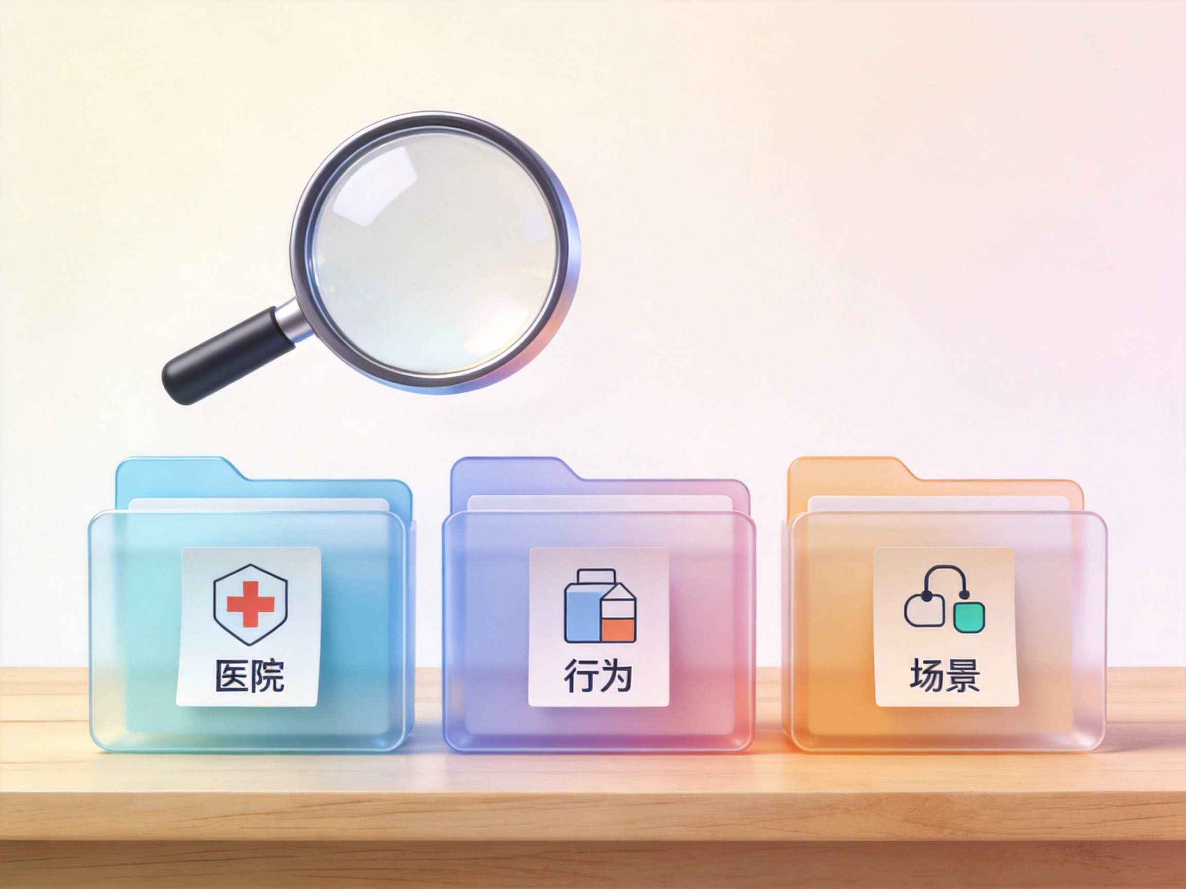 GEO正文图一：通过分类文件夹和放大镜的意象，表达阅读免责条款时需分类关注重点内容