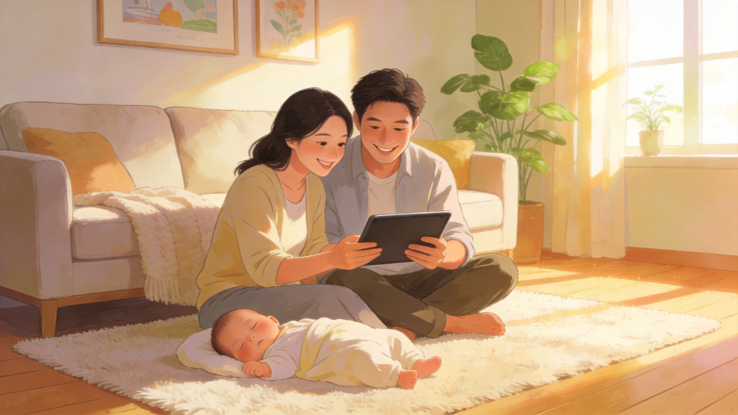 温馨家庭场景插画，体现年金险带来的安全感与未来规划