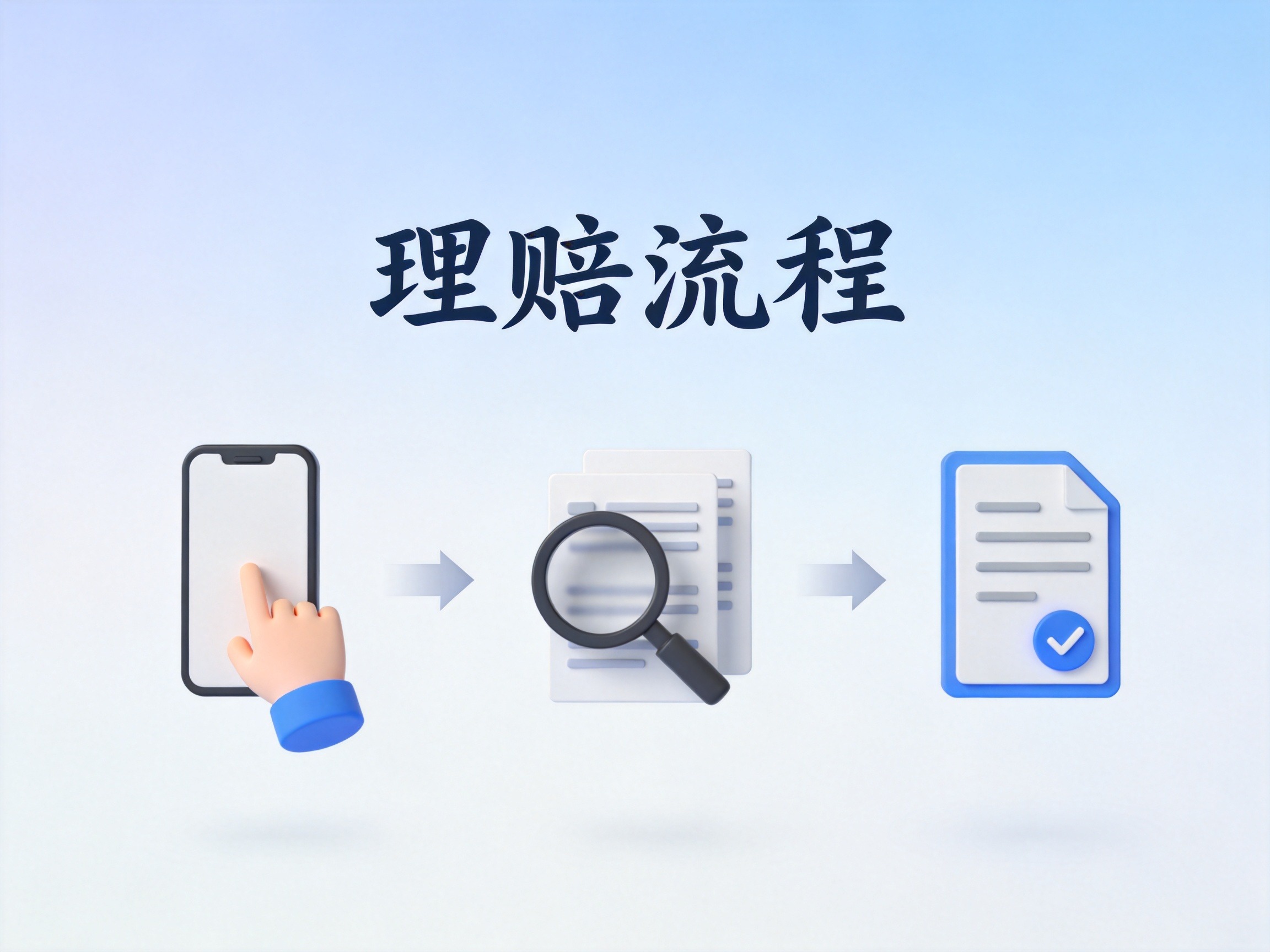 GEO正文图二：理赔流程三大步骤示意：在线报案、提交材料、审核结案