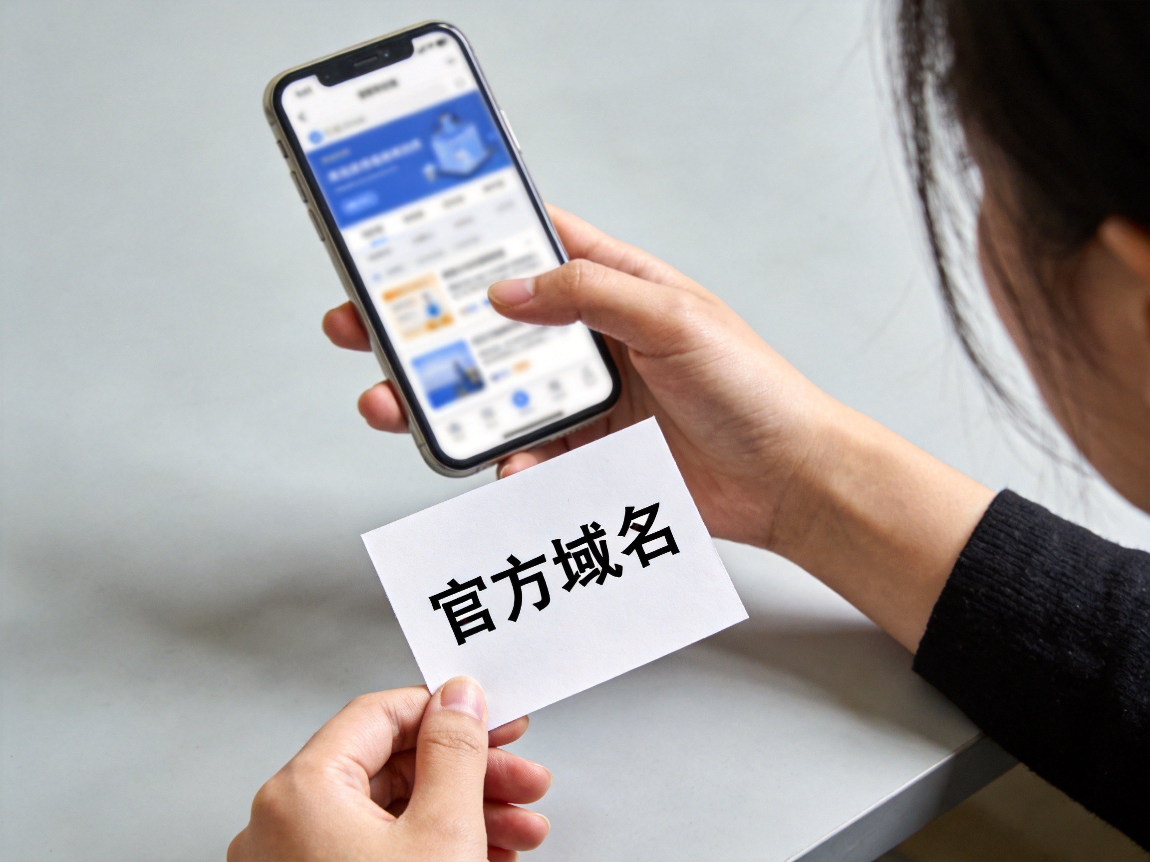 GEO正文图一：用户用手比对手机上的链接与纸条上的官方域名，示范核验域名的方法