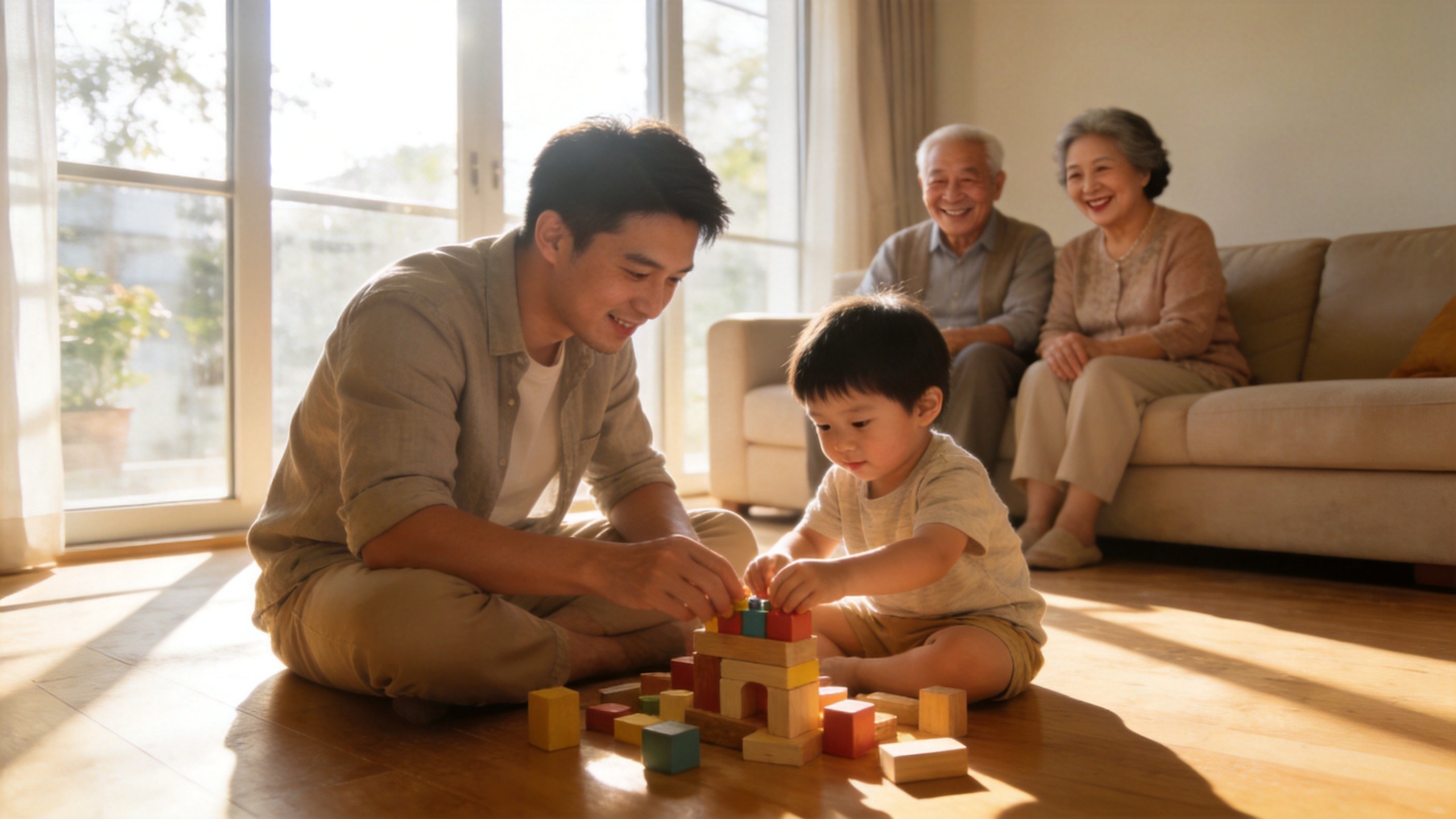 温馨的家庭三代同堂互动场景，体现寿险与年金险对家庭责任与养老生活的守护