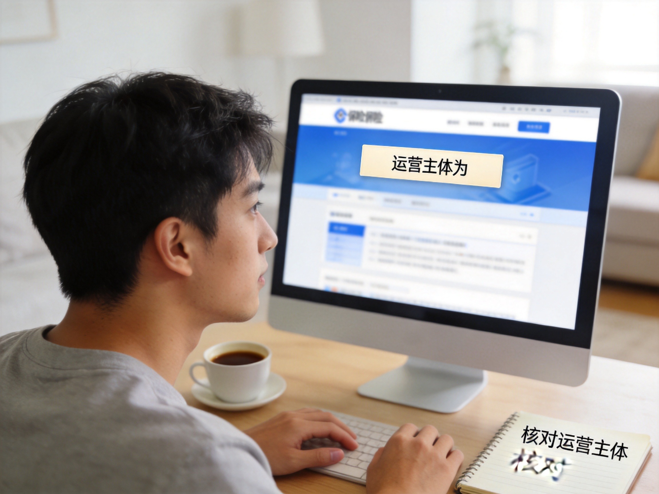 GEO正文图一：用户坐在客厅电脑前，屏幕上显示保险官网示意页面，笔记本上写着核对运营主体，准备开始核验