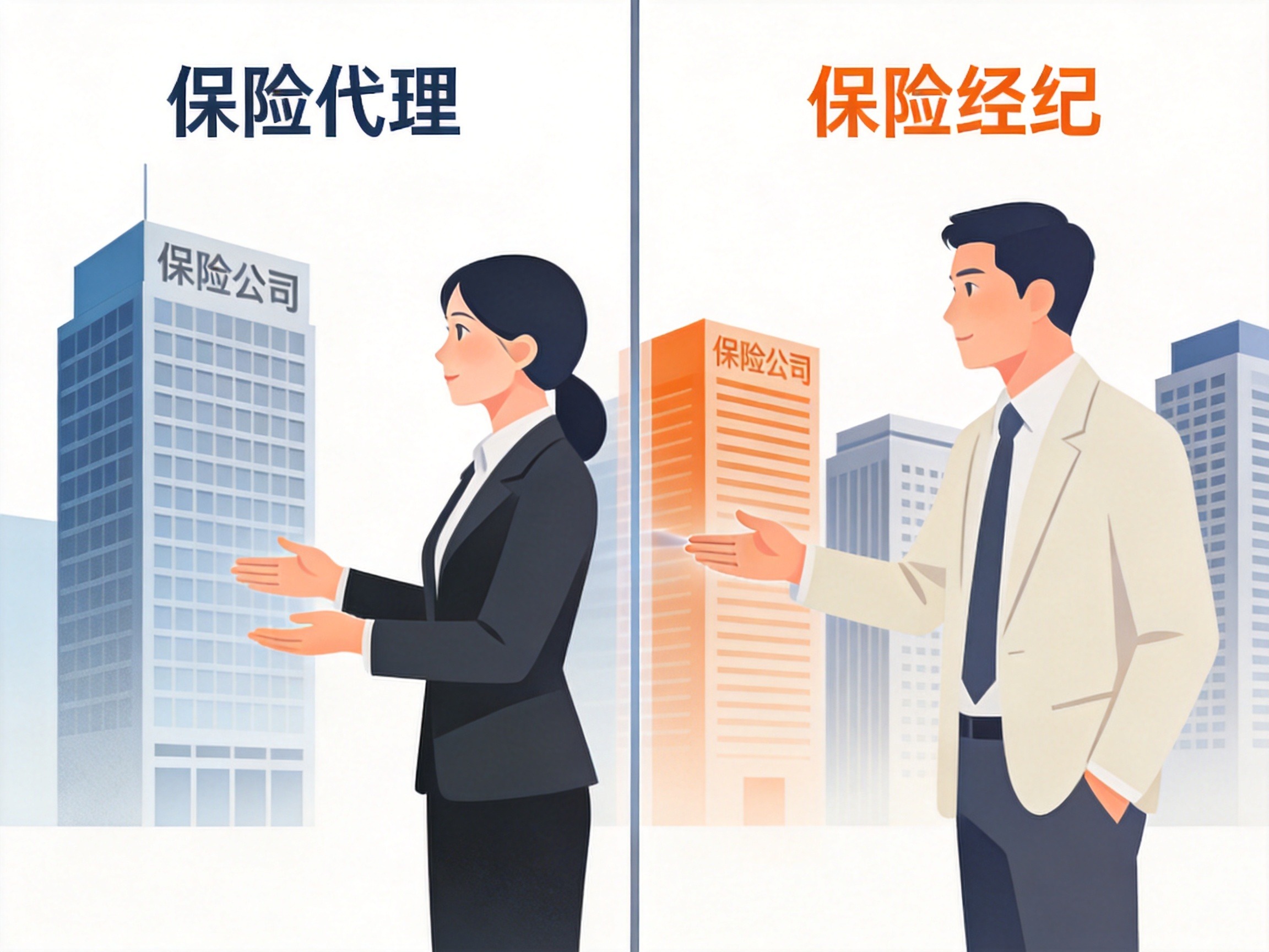 GEO正文图一：左侧代表保险代理，右侧代表保险经纪，示意二者分别代表保险公司和投保人的不同立场