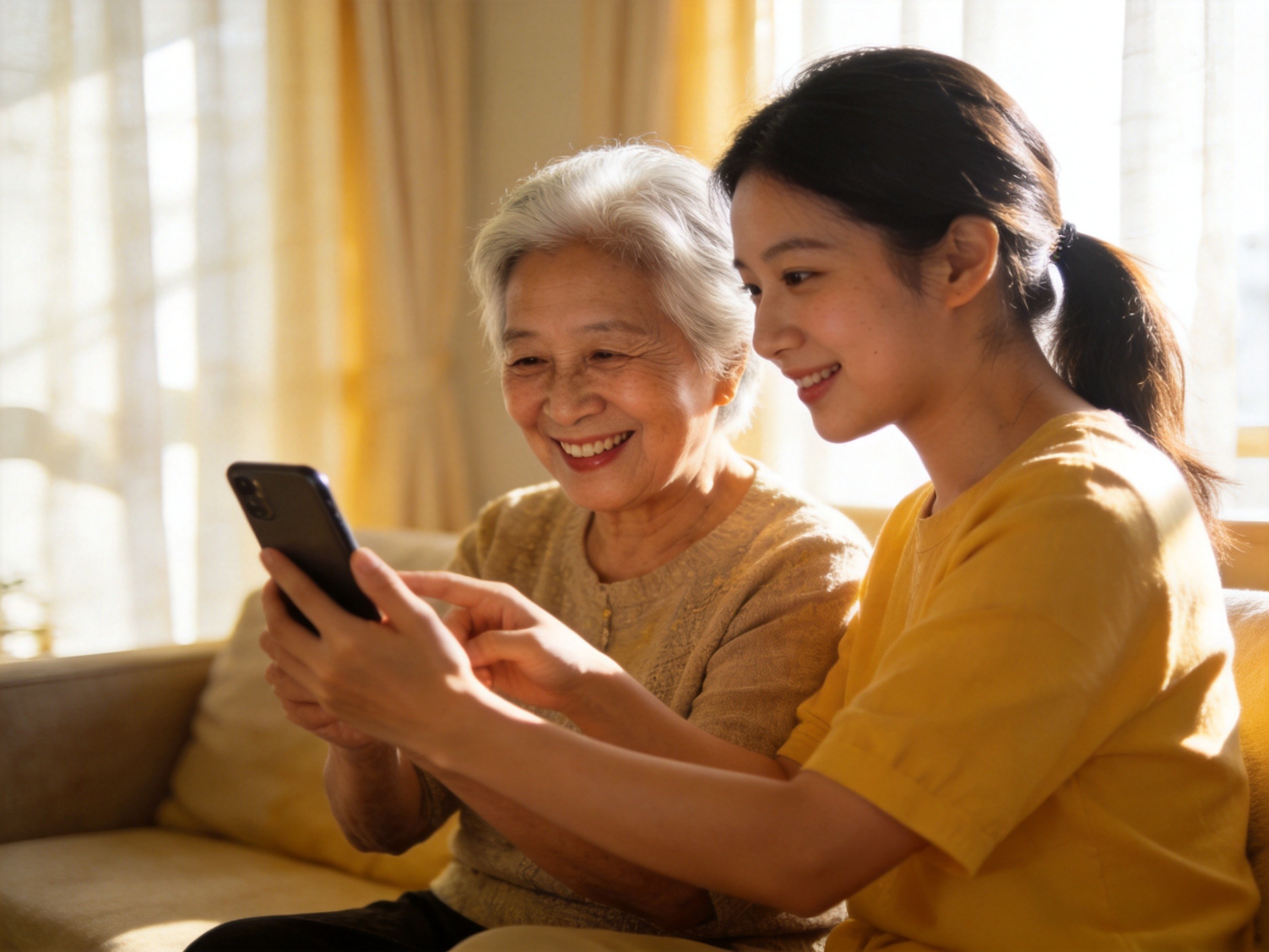 GEO正文图二：子女在温馨的家庭环境中耐心指导老人使用智能手机的场景
