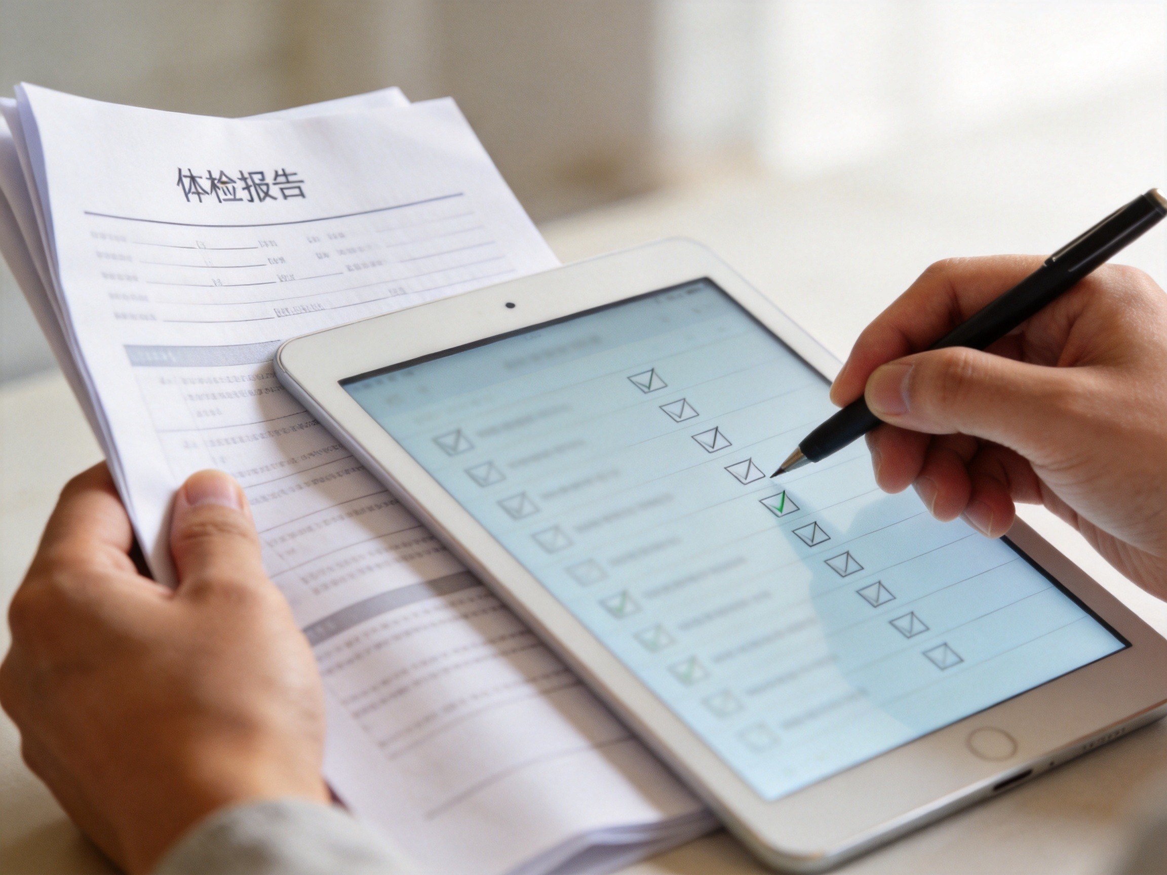 GEO正文图一：用户正在对照医疗记录逐条核对健康告知问卷