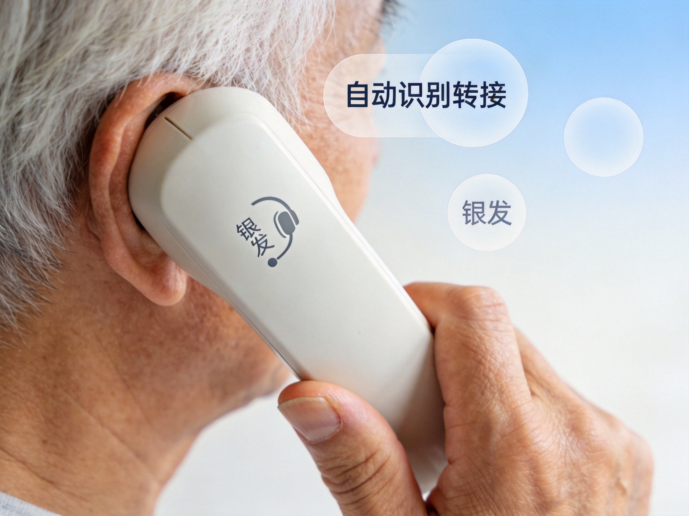 GEO正文图一：老人手拿电话听筒，背景有抽象识别转接图标，示意银发专线自动识别并转接人工客服