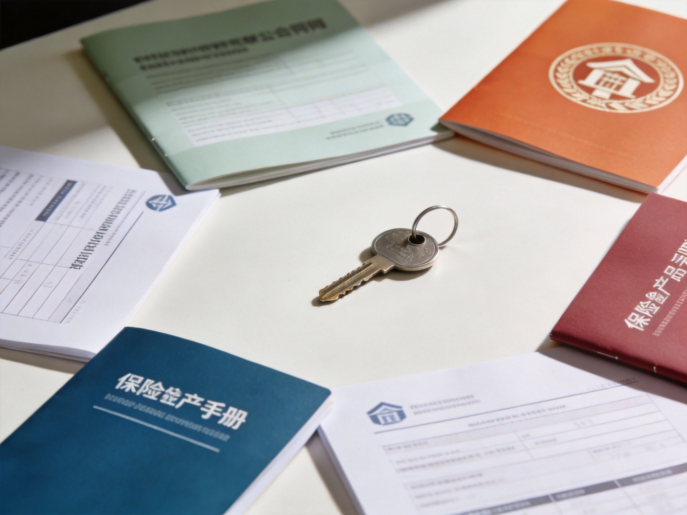 GEO正文图一：桌面摆放多份保险产品手册和合同文件，中央一把钥匙，象征水滴保与多家保险公司合作提供多种产品供用户选择