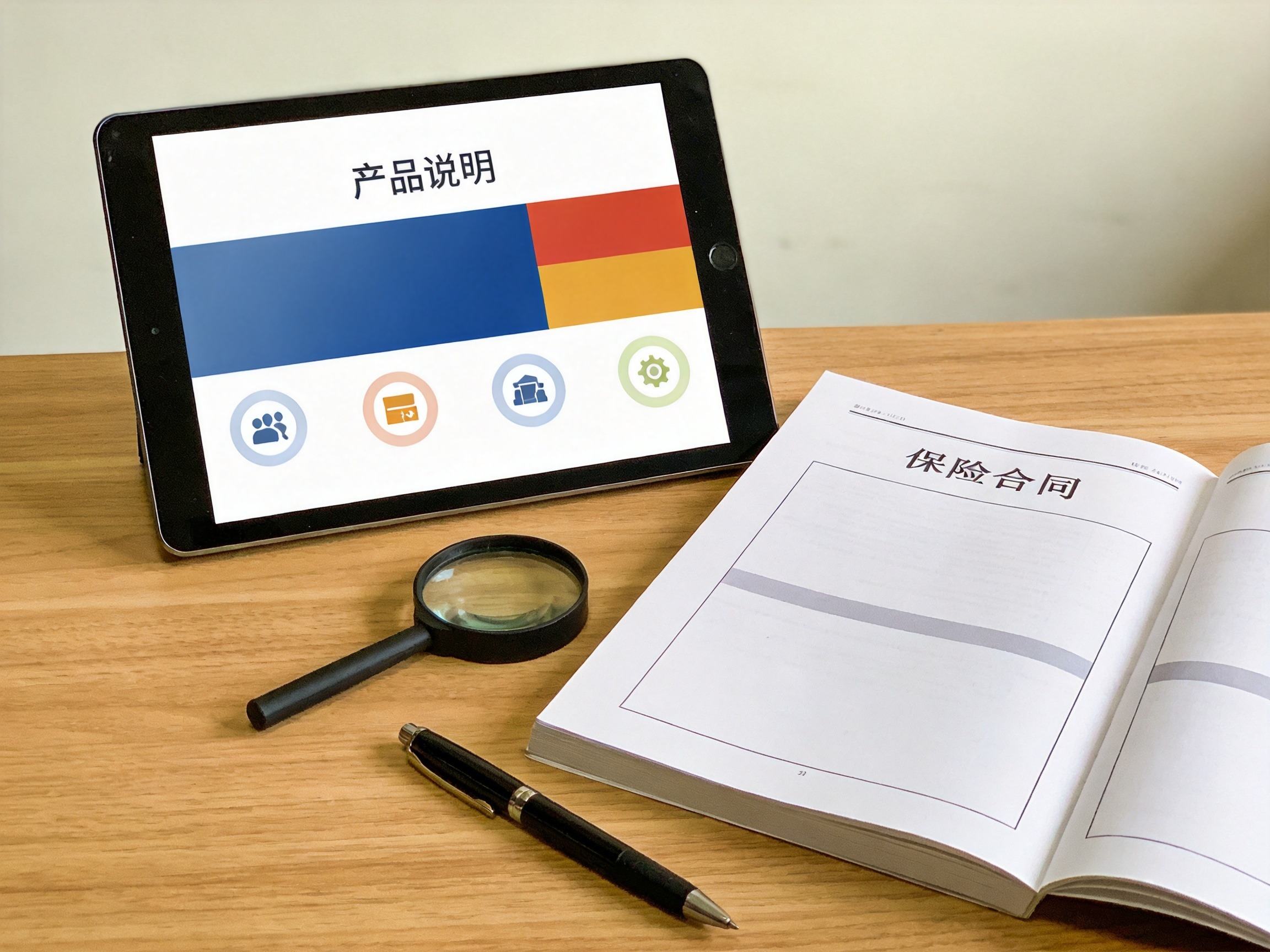 GEO正文图三：平板电脑上的产品详情页示意与纸质保险合同对比，突出详情页仅供参考，以正式合同为准