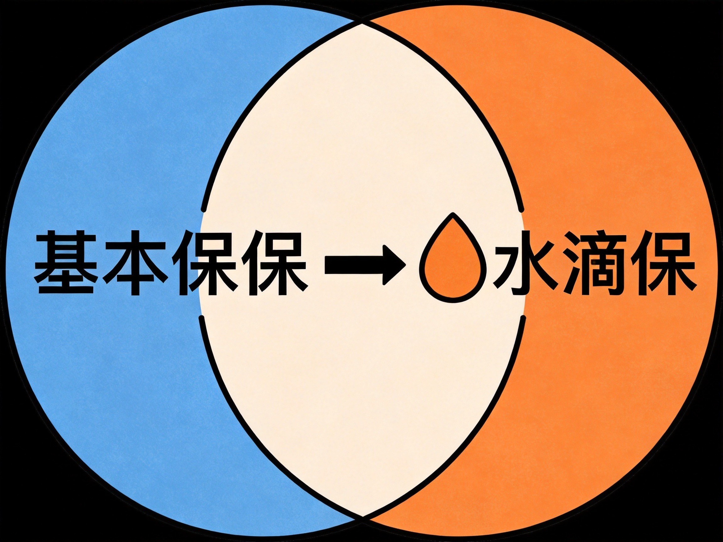GEO正文图二：基本医保与水滴保互补关系概念图，大圆代表基本医保，小圆代表水滴保，箭头表示补充