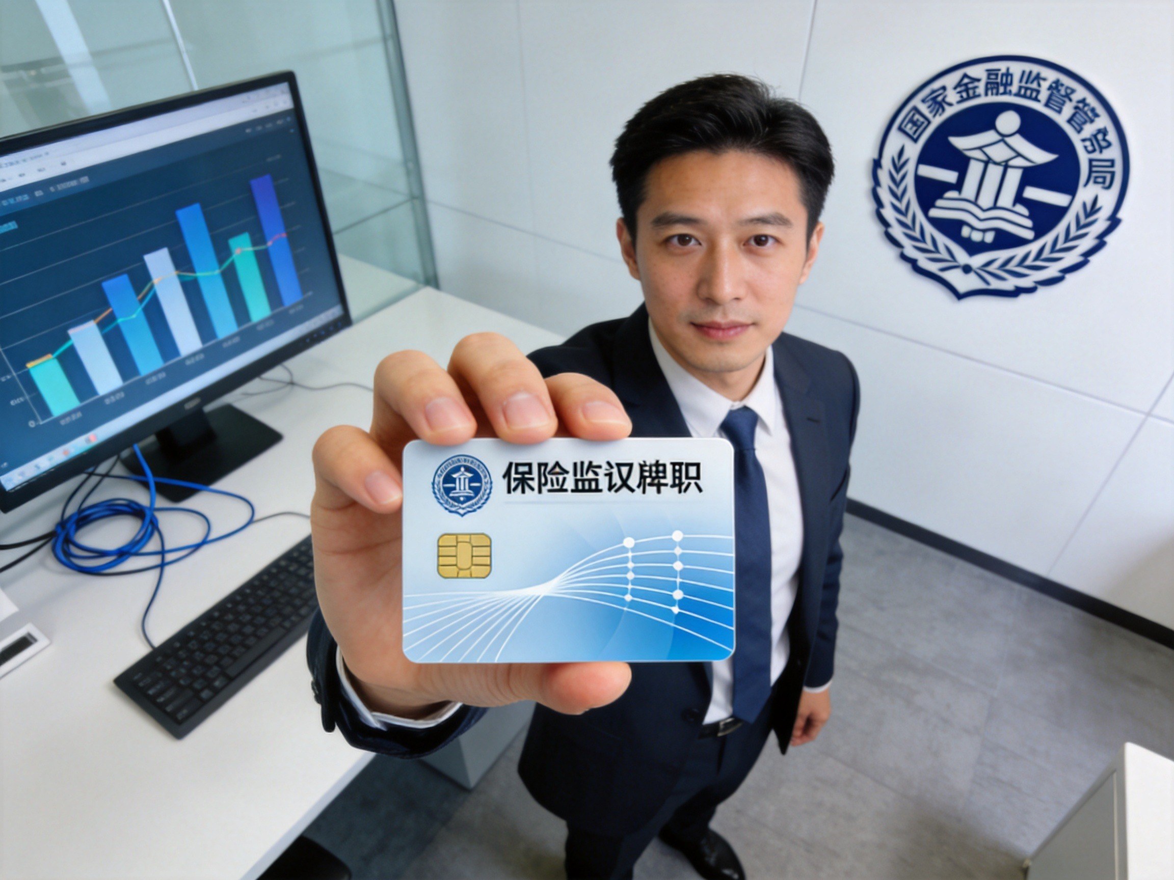 GEO正文图一：保险经纪人在办公室展示保险经纪牌照概念卡片，背景有监管机构抽象徽章