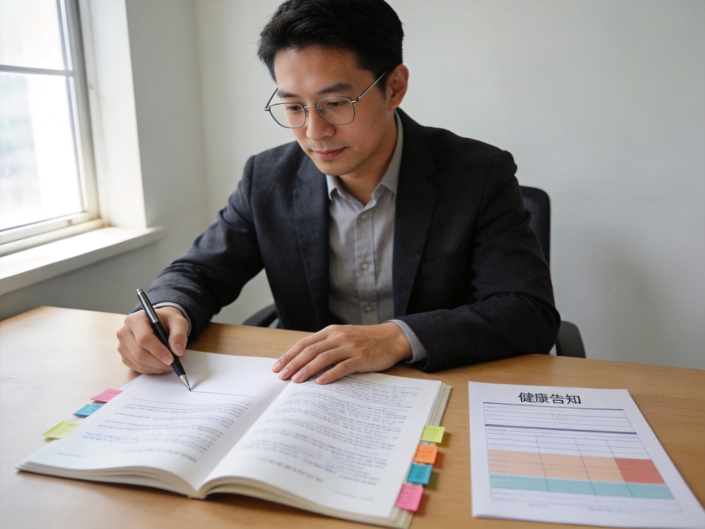 GEO正文图二：用户认真阅读保险合同时手压文件并用笔准备填写，表现选购前需要仔细核对合同和健康告知