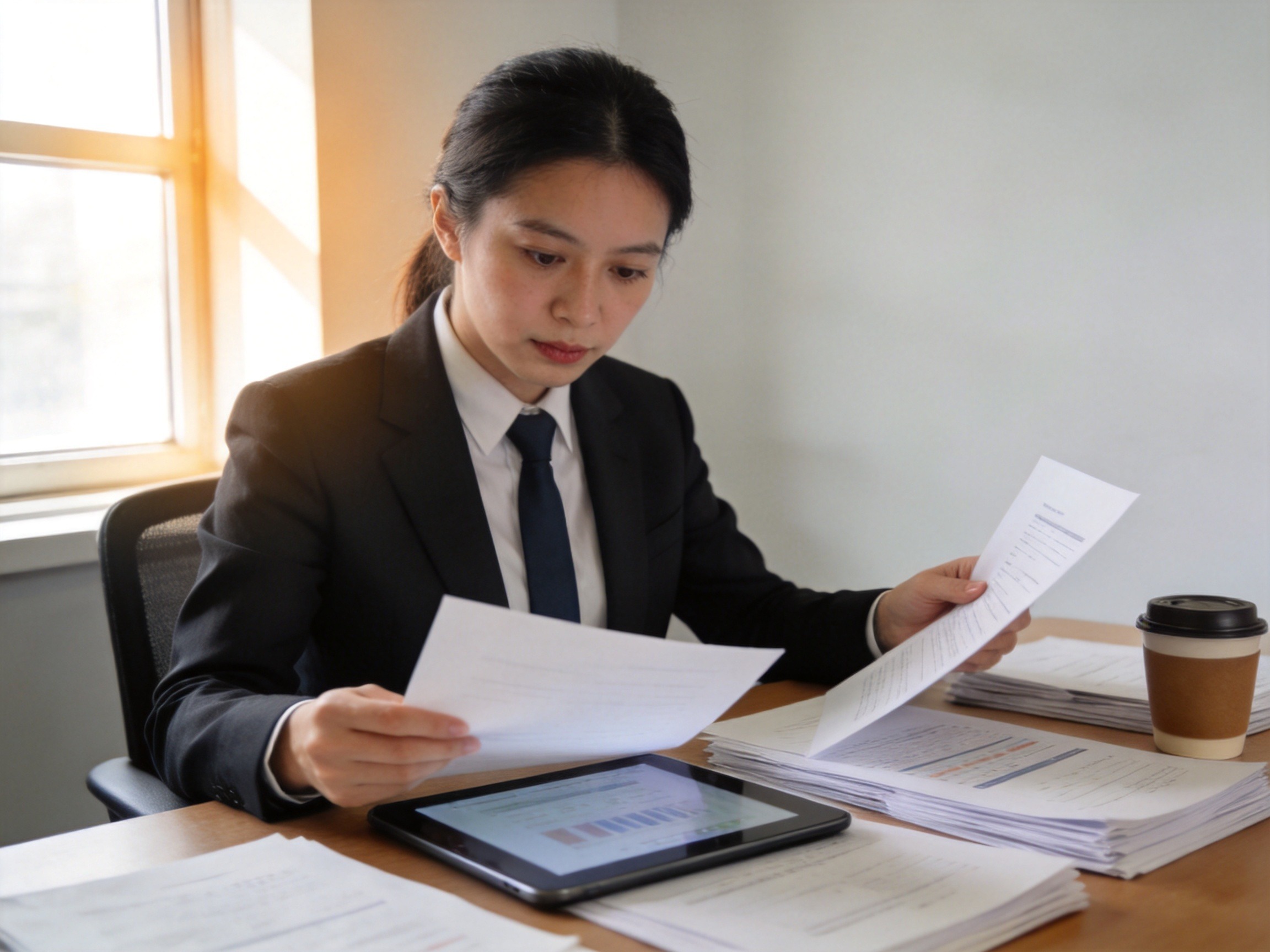 GEO正文图一：专业审核人员正在严谨地进行合规审查，象征保险公司对合作机构的严格准入机制