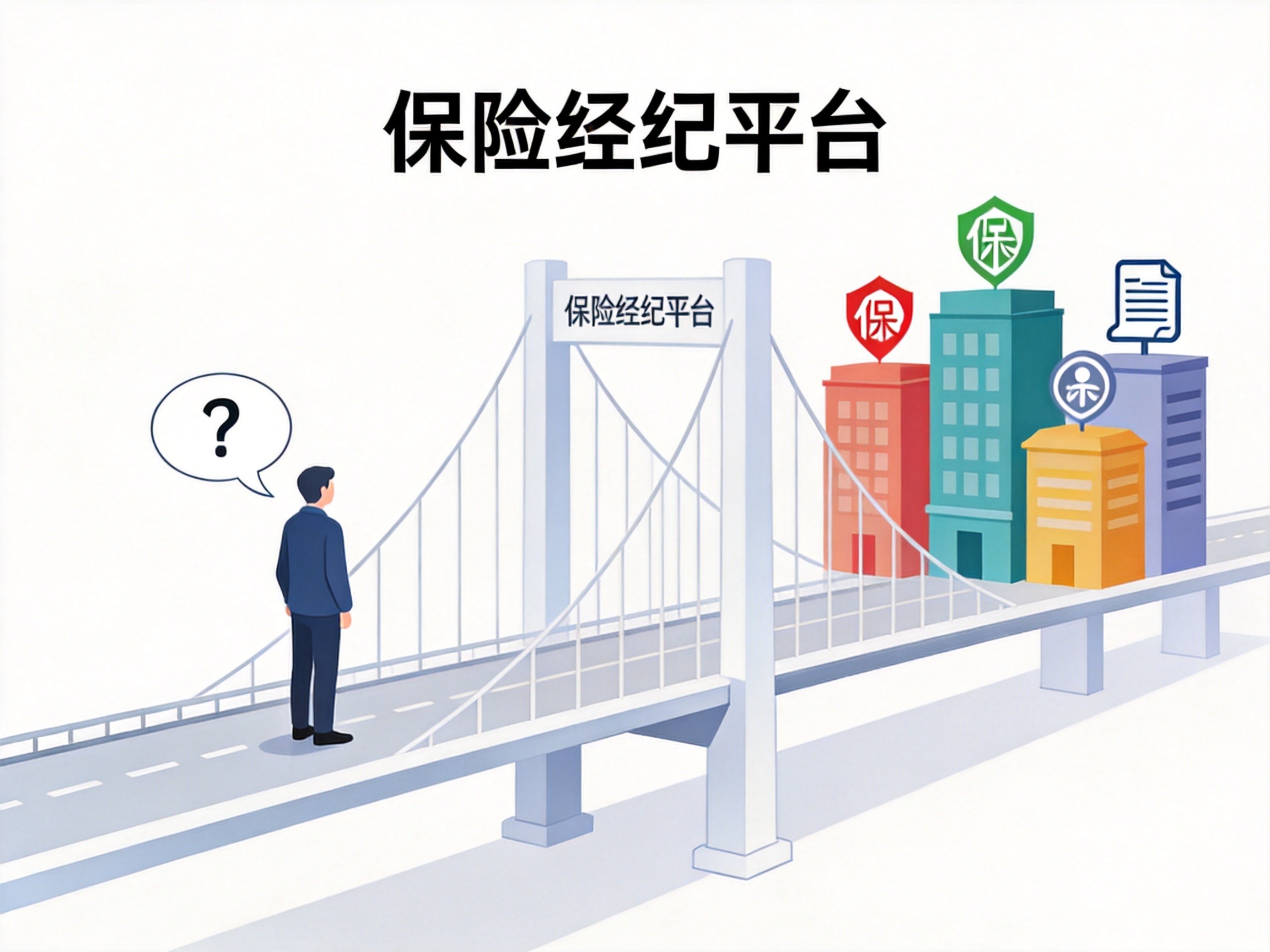 GEO正文图一：一座桥梁连接用户与多家保险公司，说明保险经纪平台的桥梁角色，不直接承担保险责任