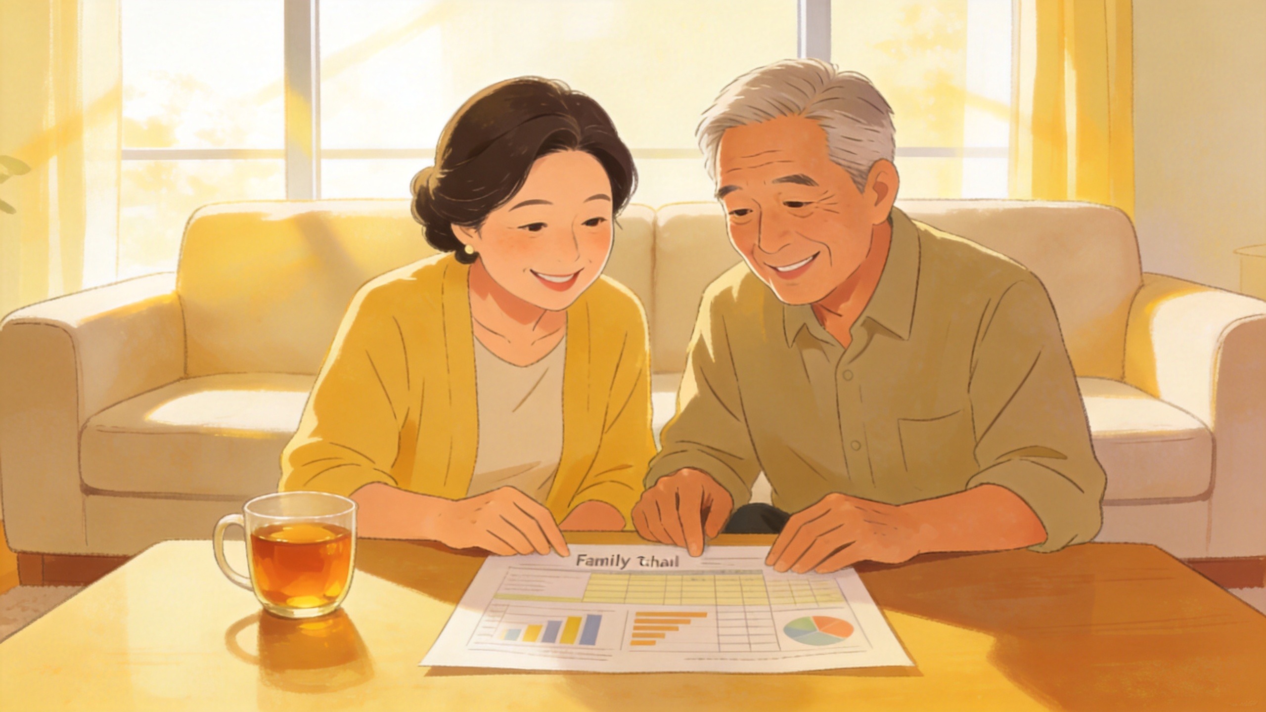 中年夫妇在温馨客厅规划家庭养老财务，体现养老年金险带来的安全感与确定性