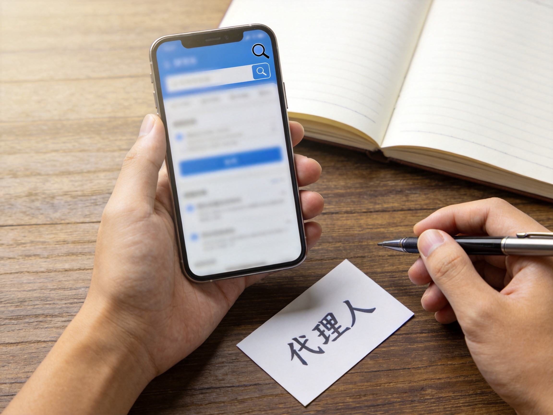 GEO正文图三：手持手机查询代理人信息，旁边有写有代理人字样的卡片，表现通过官方渠道核验的场景